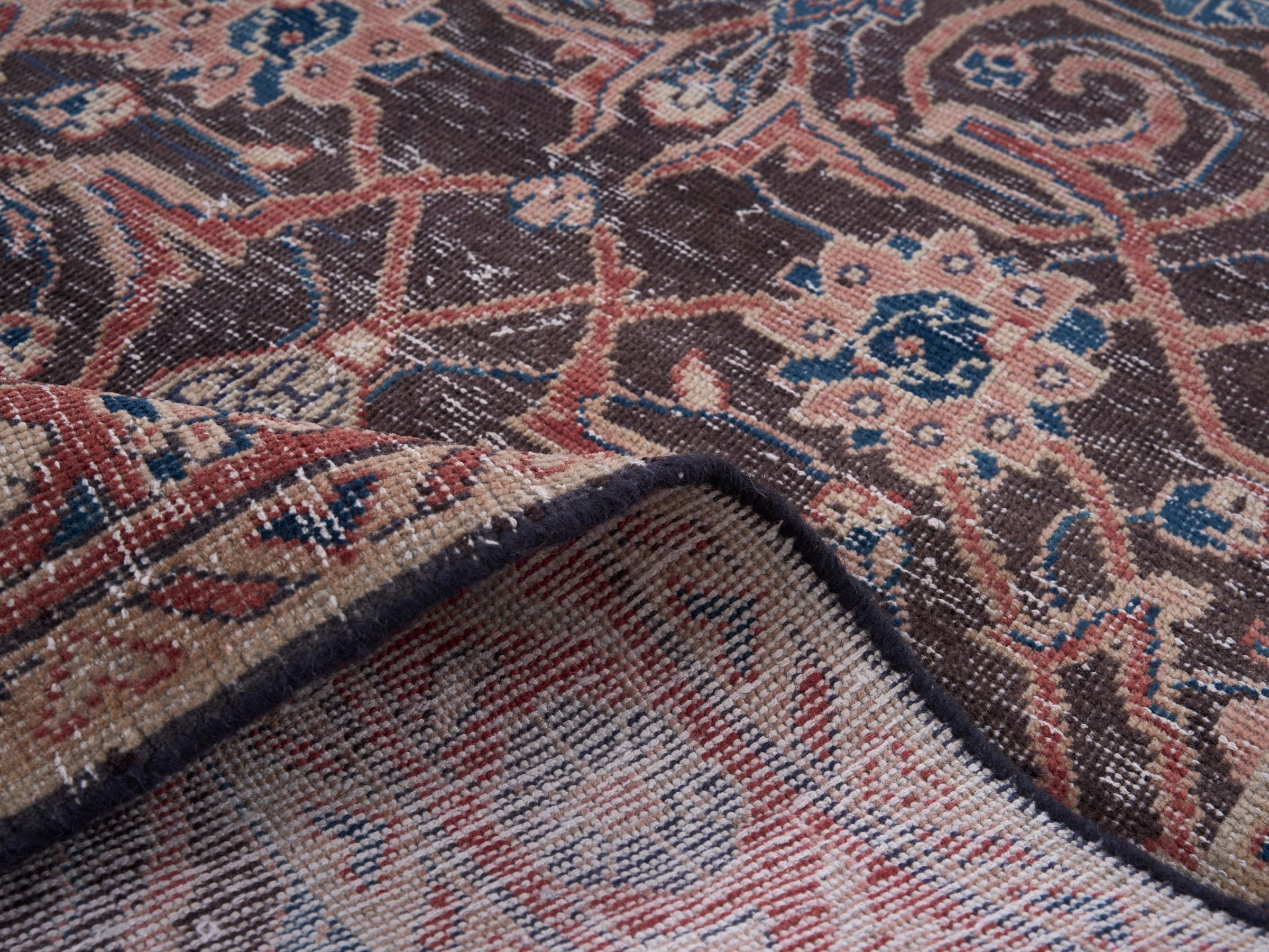 Persian Mahal runner rug in navy and rust, view 9 of 10