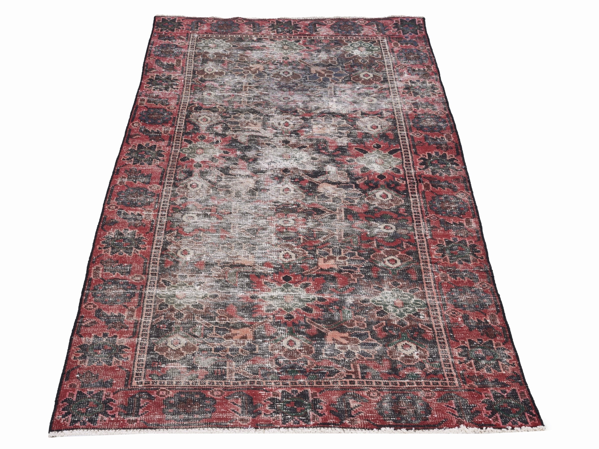 Persian Ferdos area rug in light gray and deep red, view 2 of 10