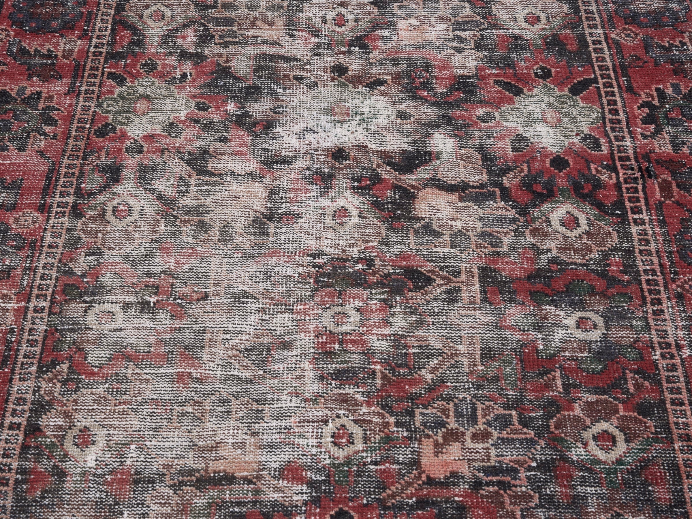 Persian Ferdos area rug in light gray and deep red, view 4 of 10