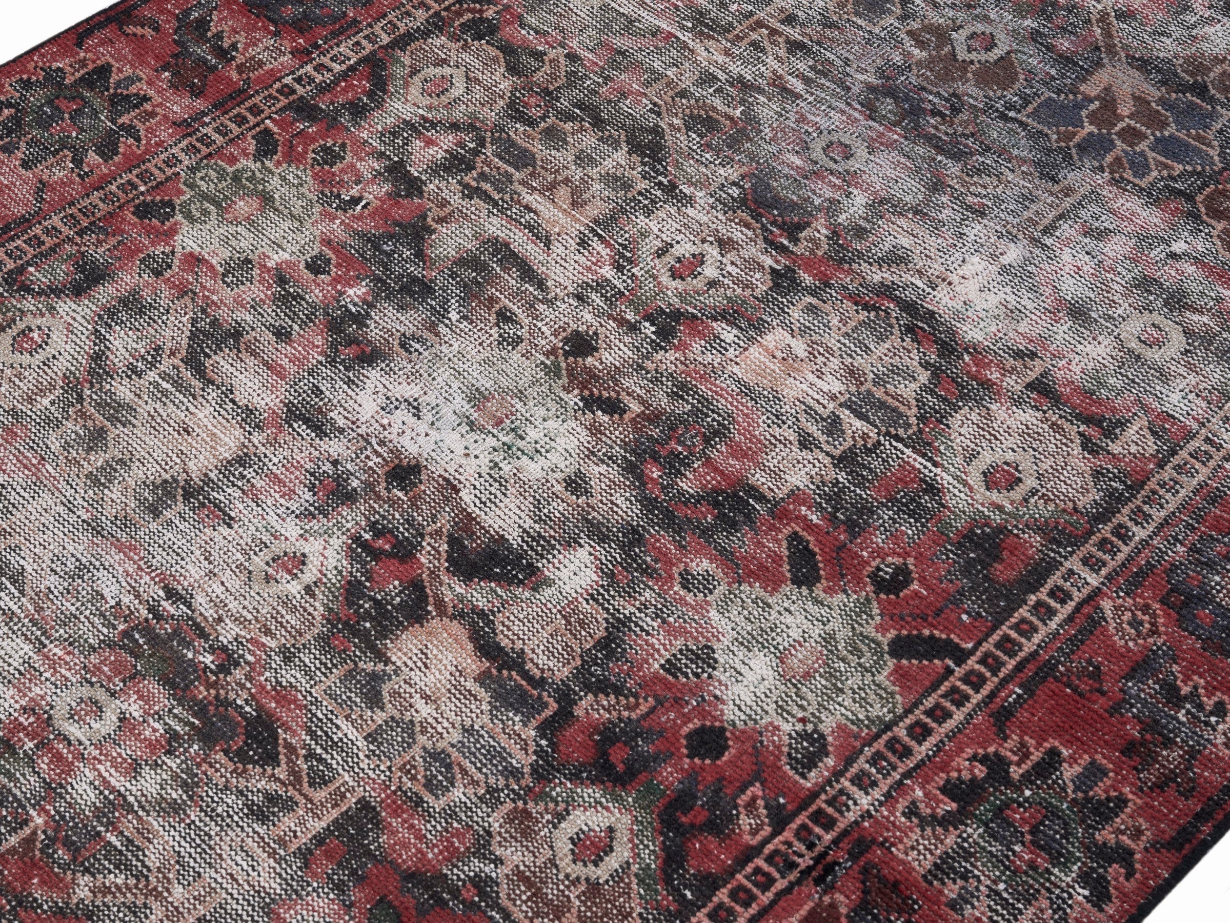Persian Ferdos area rug in light gray and deep red, view 5 of 10