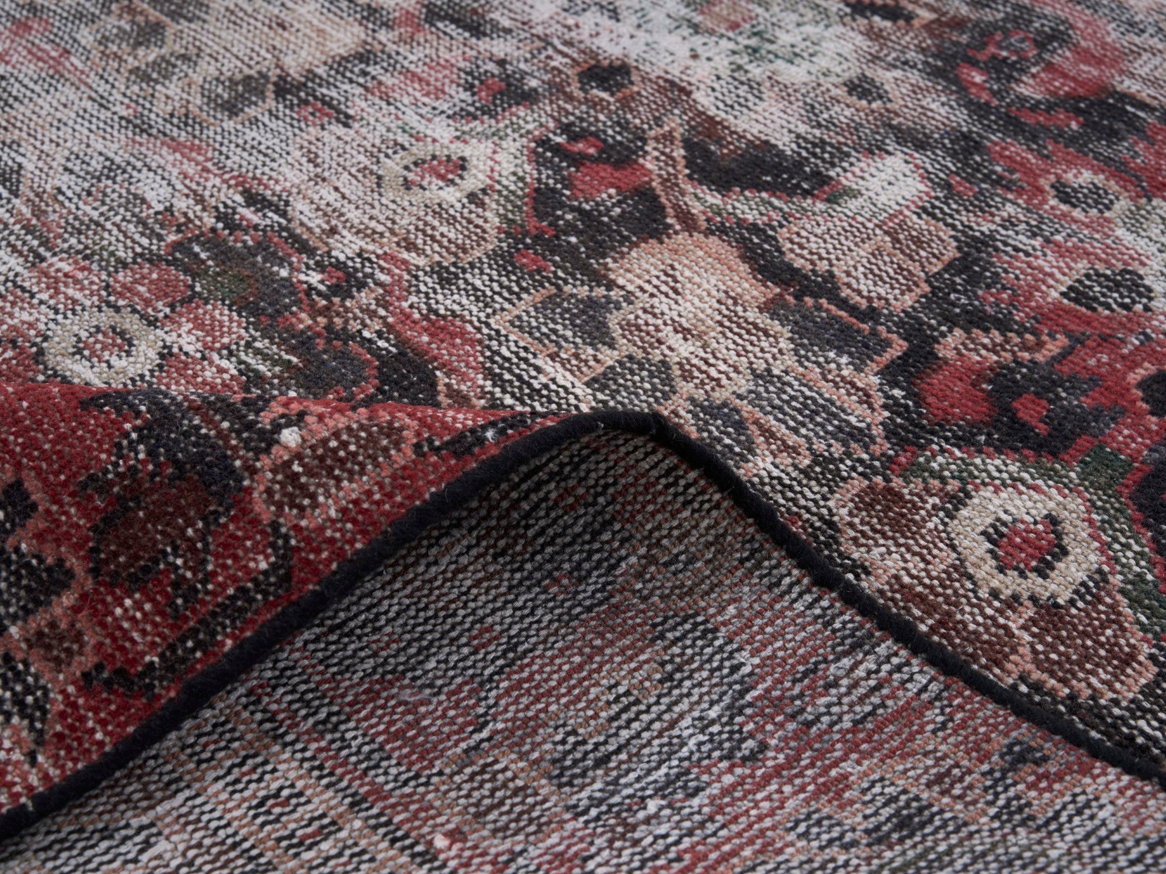 Persian Ferdos area rug in light gray and deep red, view 9 of 10