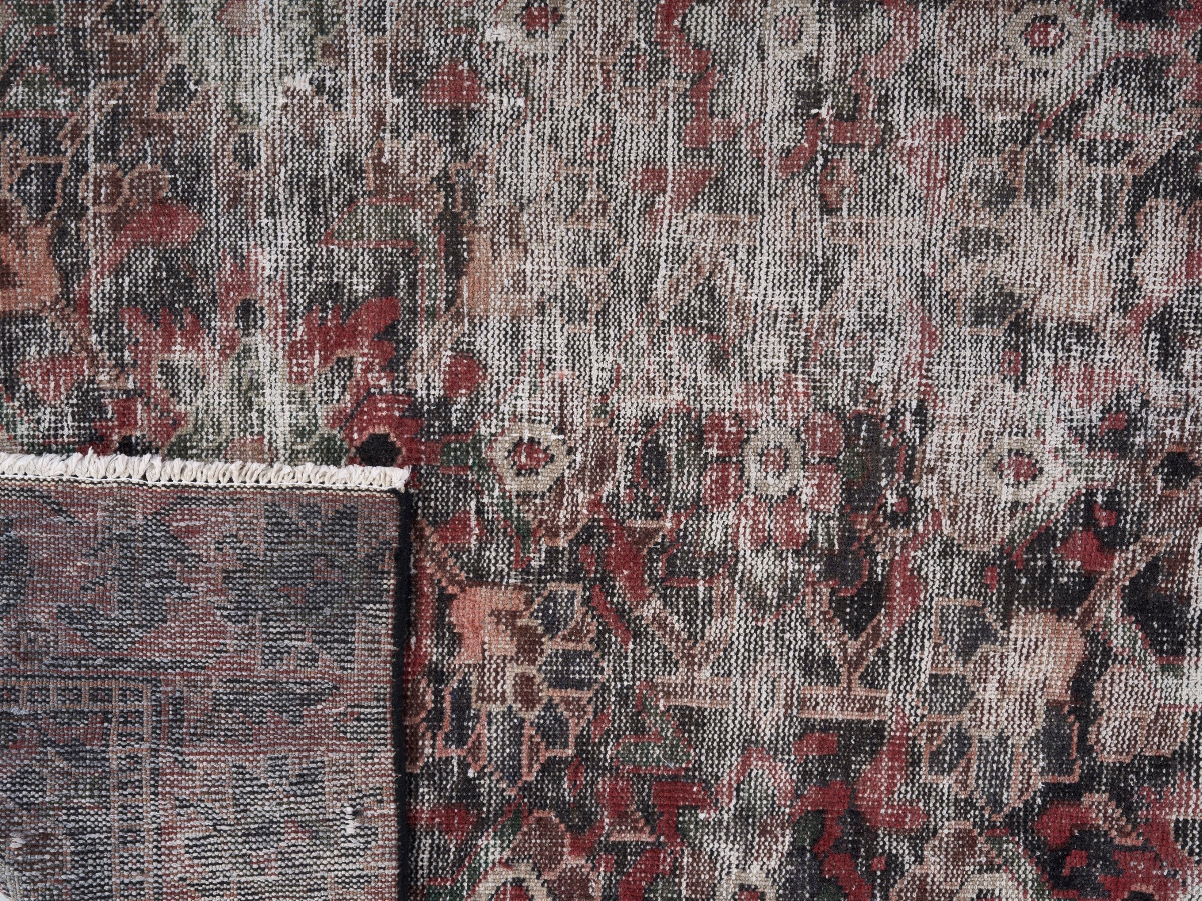Persian Ferdos area rug in light gray and deep red, view 10 of 10