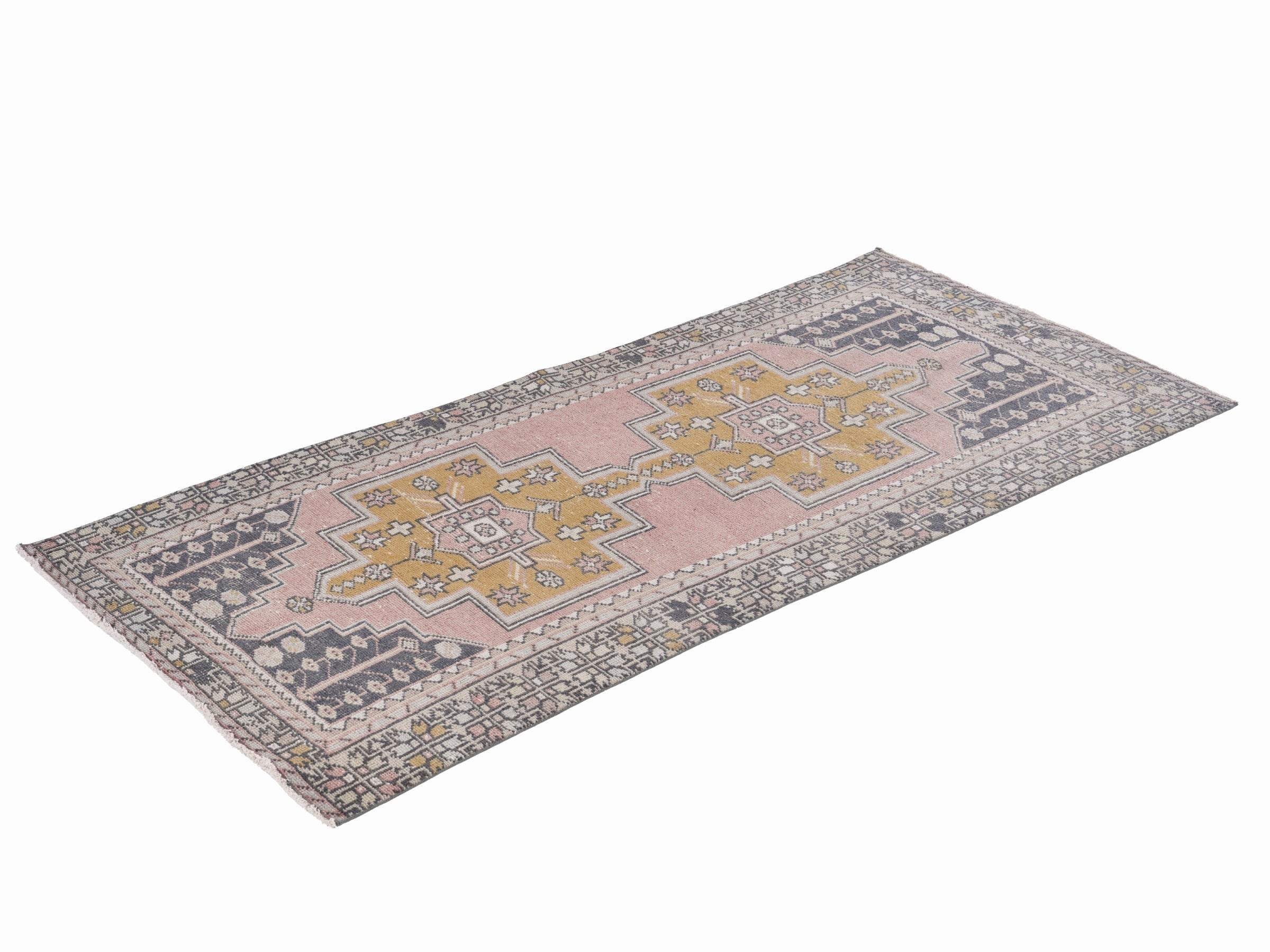 Turkish Anatolian runner rug in muted pink and mustard, view 3 of 10