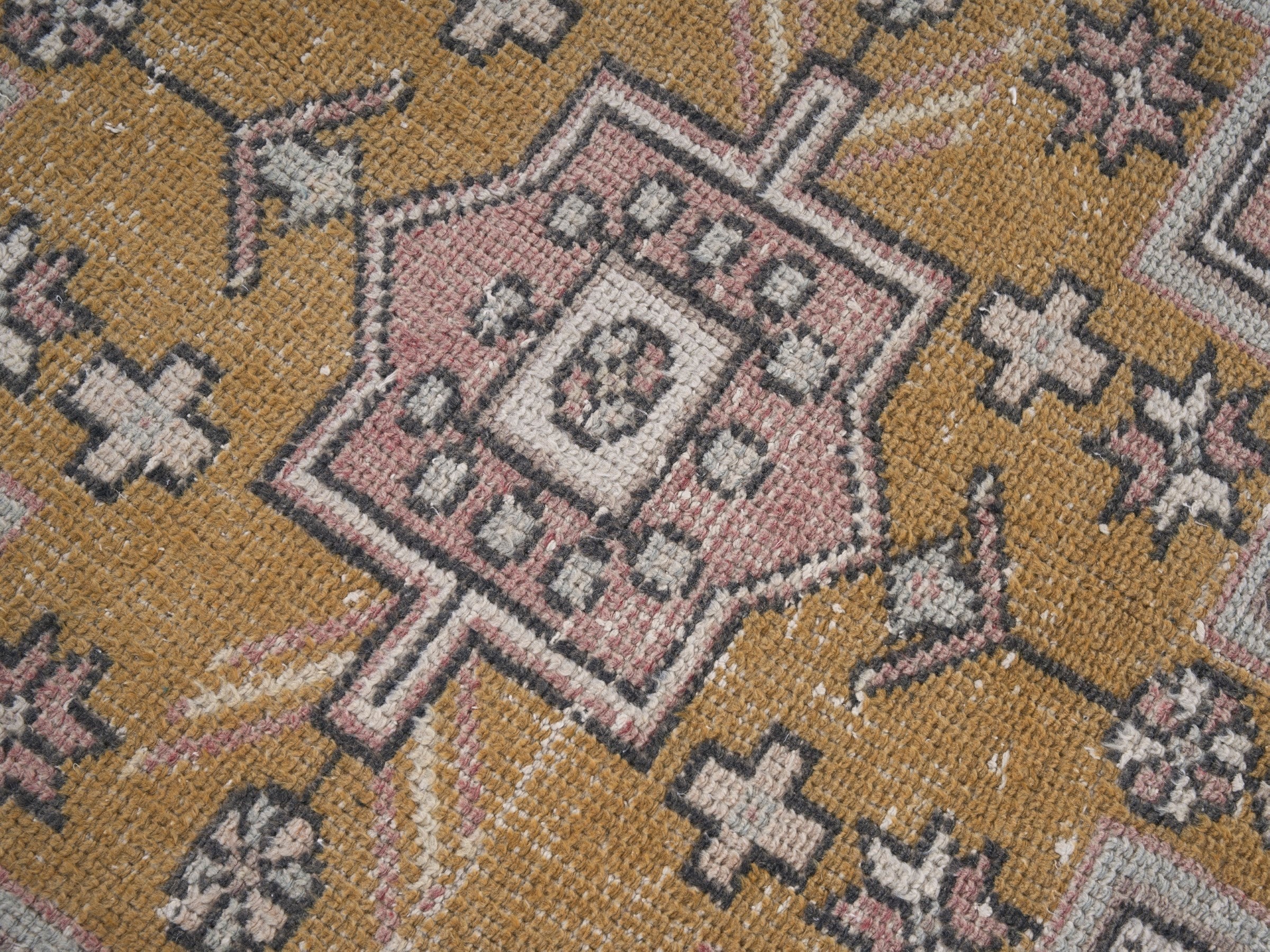 Turkish Anatolian runner rug in muted pink and mustard, view 7 of 10