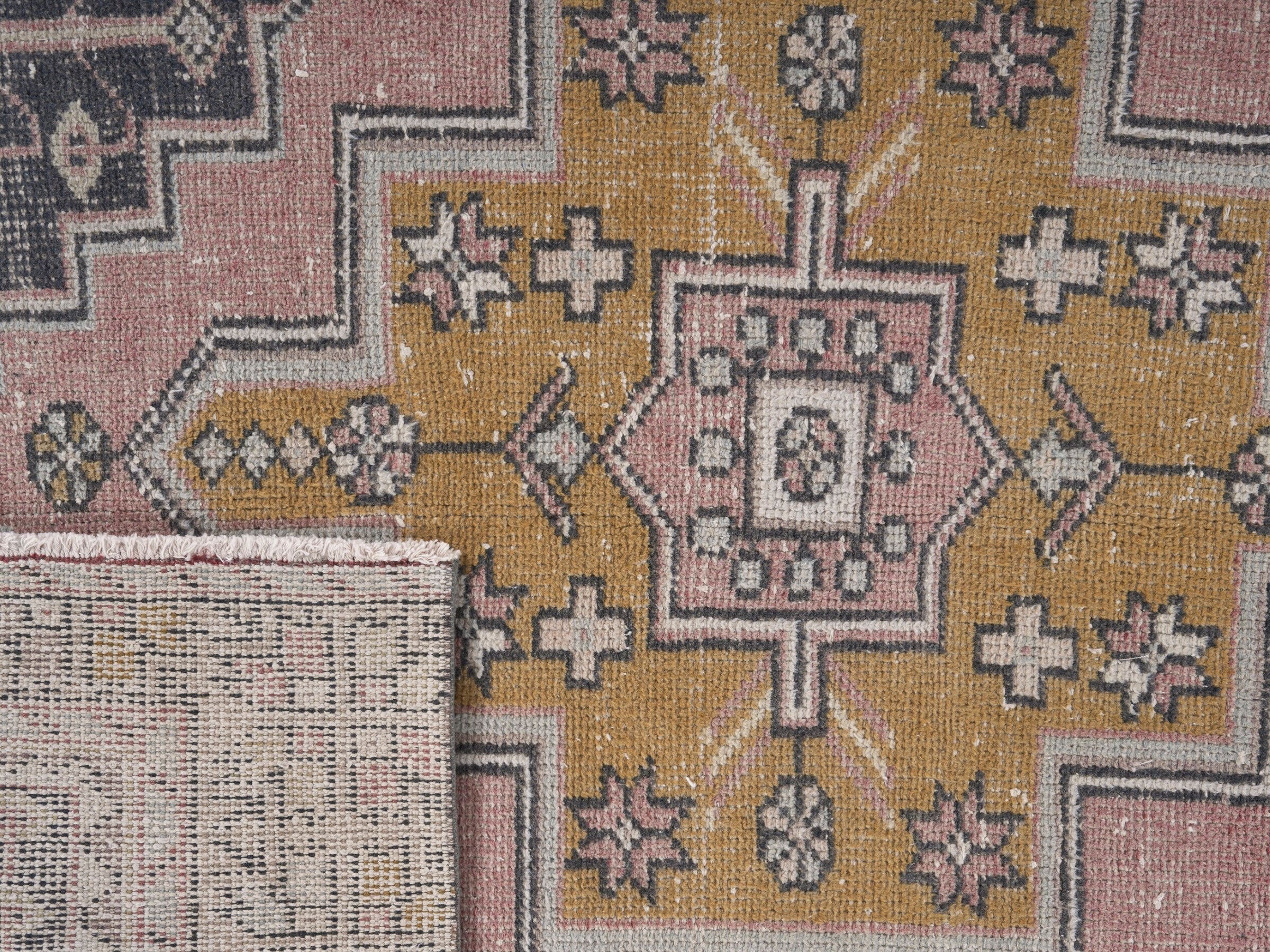 Turkish Anatolian runner rug in muted pink and mustard, view 10 of 10