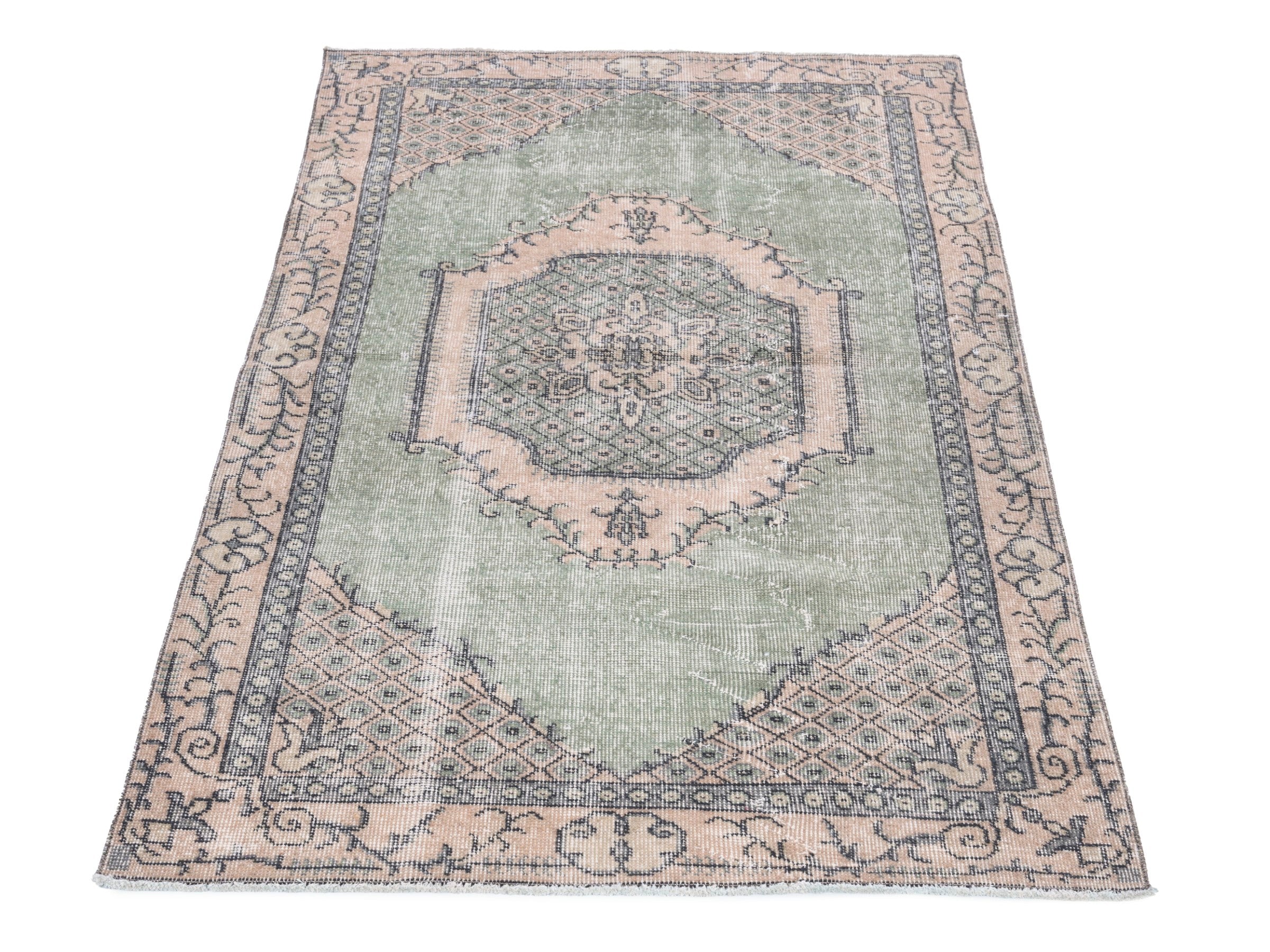 Turkish Isparta area rug in sage and muted pink, view 2 of 10