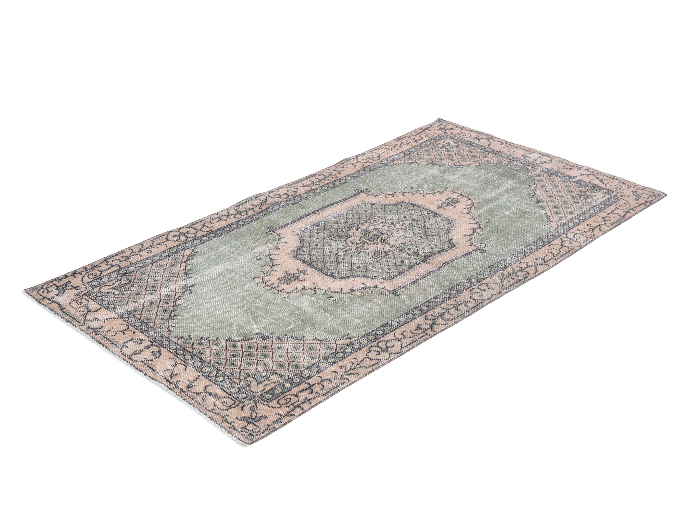 Turkish Isparta area rug in sage and muted pink, view 3 of 10