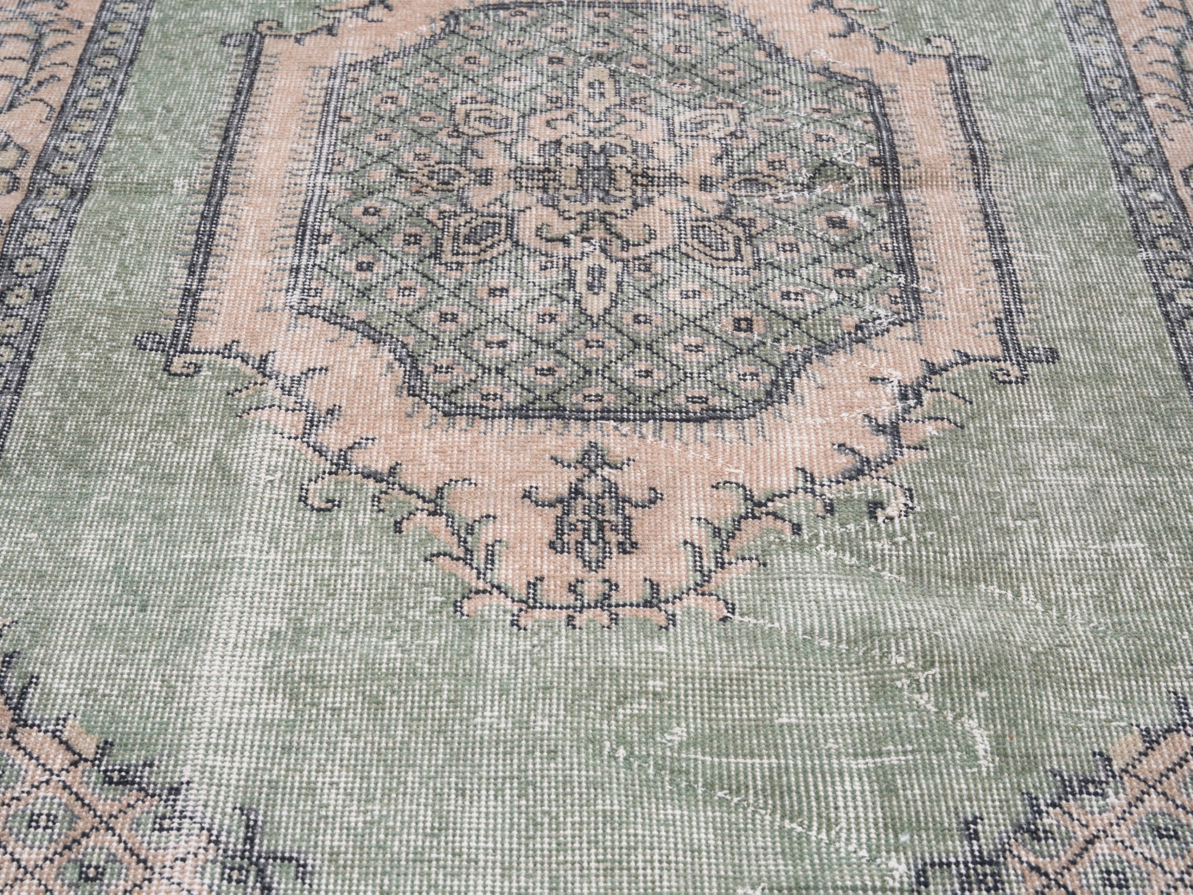 Turkish Isparta area rug in sage and muted pink, view 4 of 10