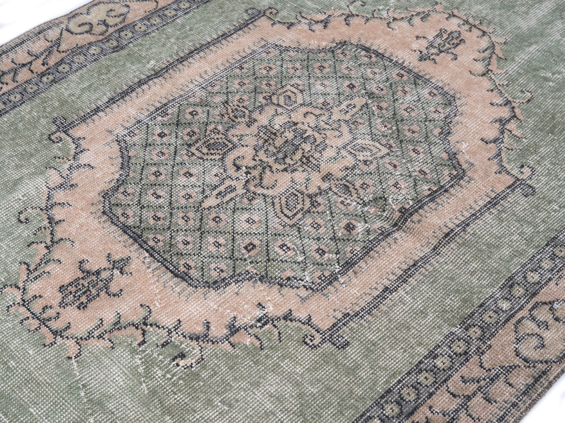 Turkish Isparta area rug in sage and muted pink, view 5 of 10