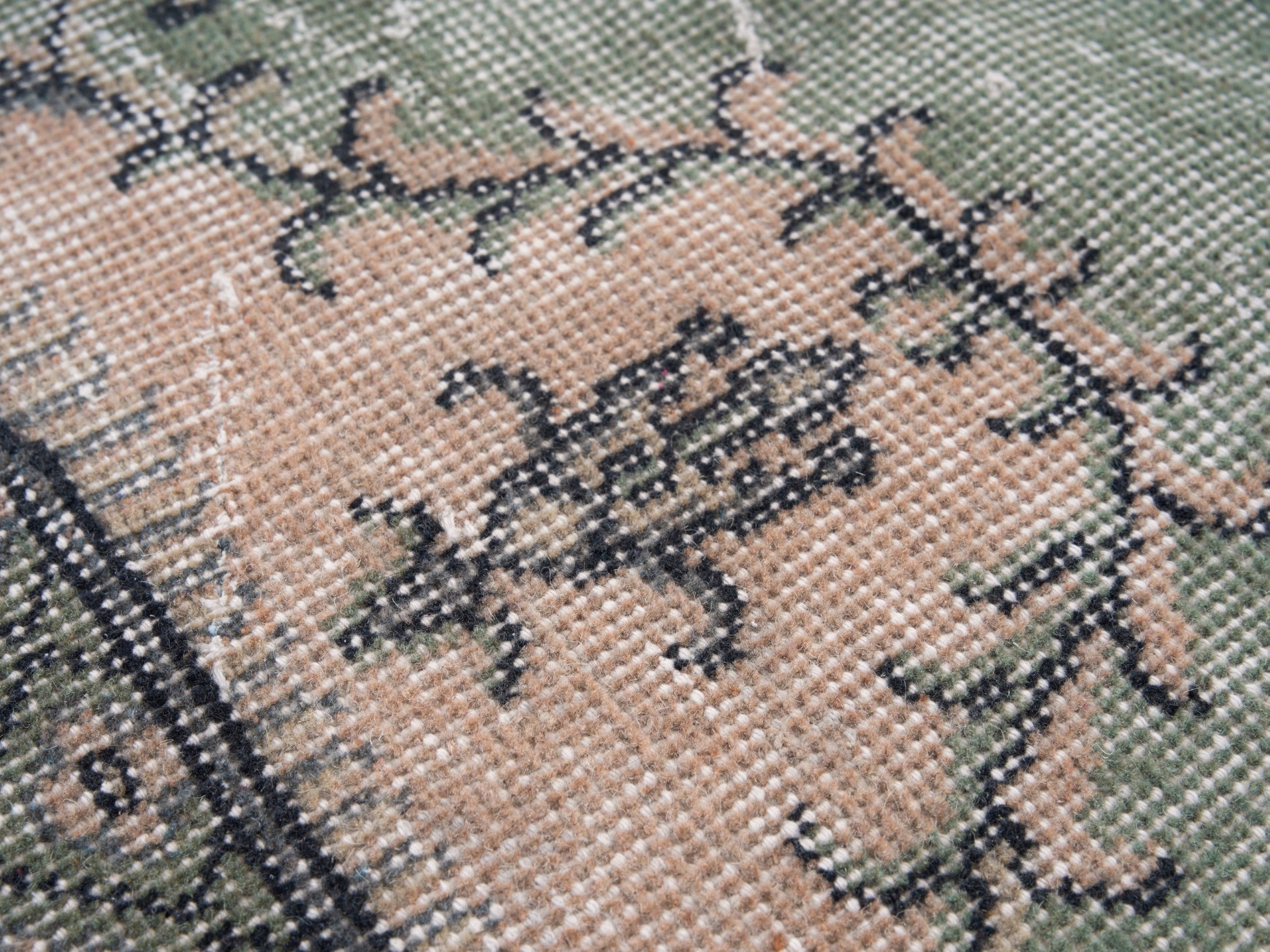 Turkish Isparta area rug in sage and muted pink, view 7 of 10