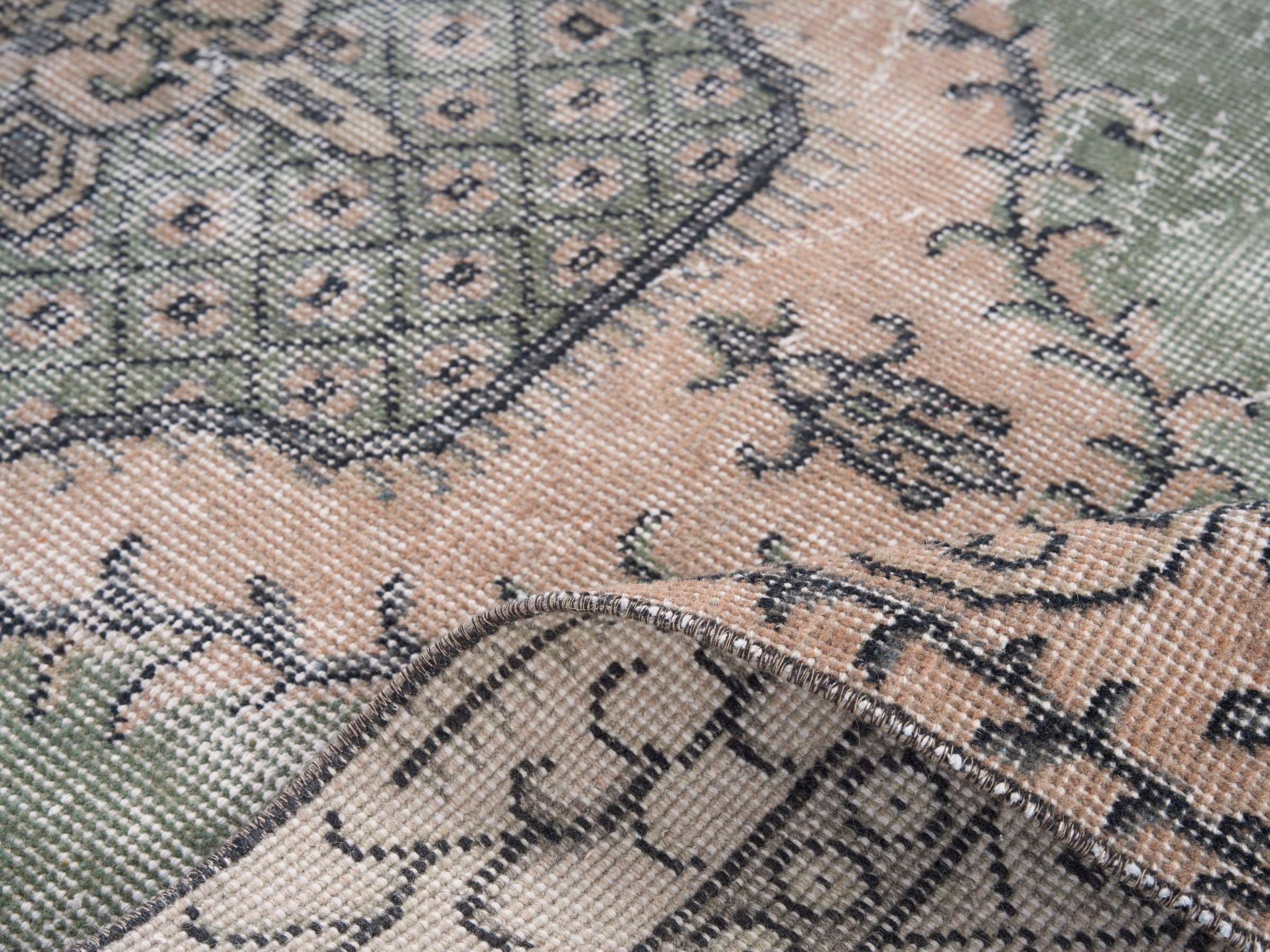 Turkish Isparta area rug in sage and muted pink, view 9 of 10