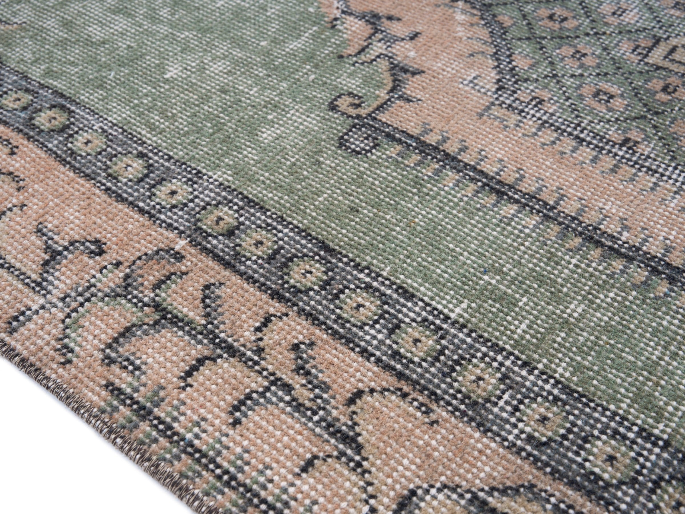 Turkish Isparta area rug in sage and muted pink, view 6 of 10