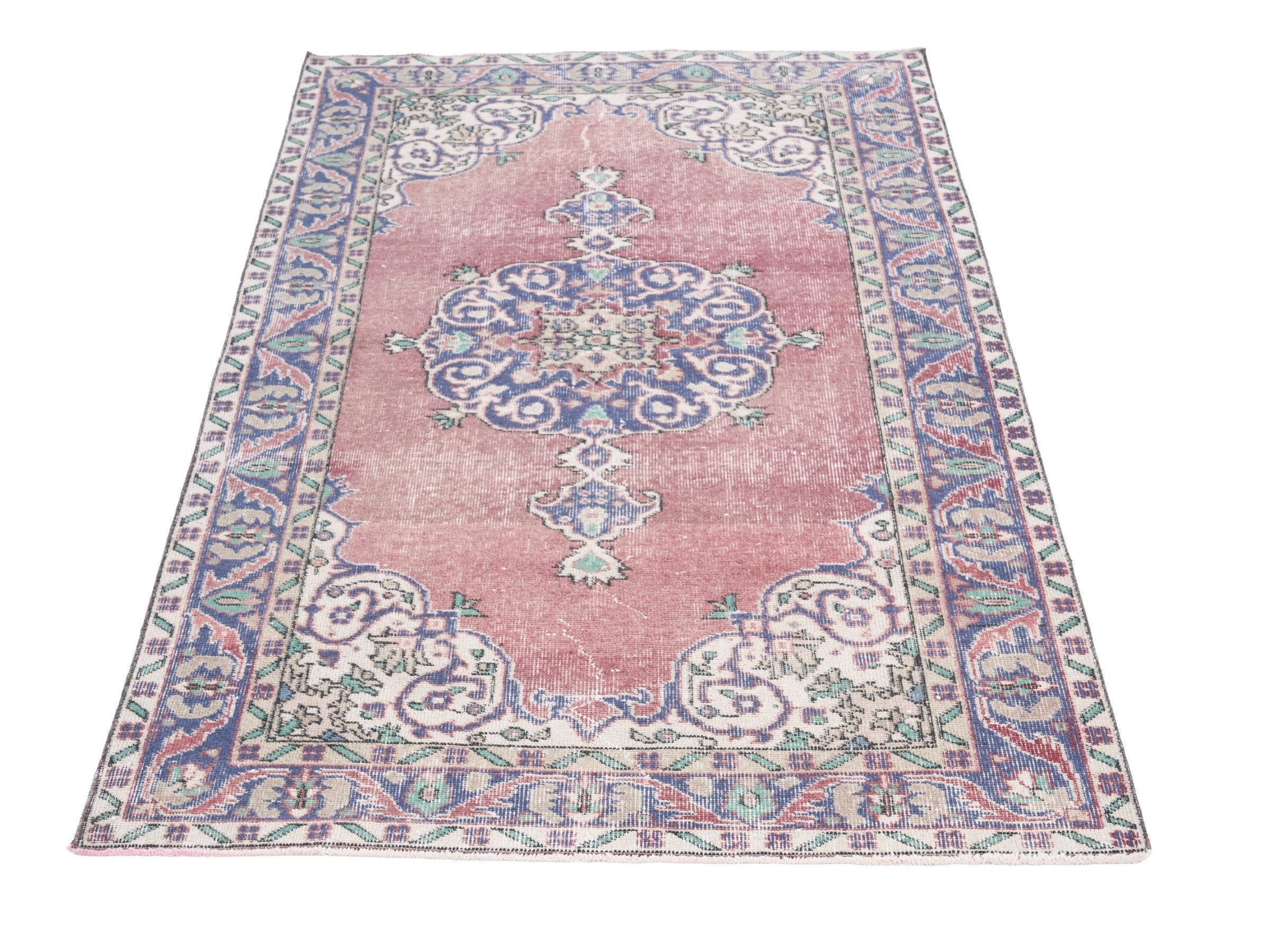 Turkish Isparta area rug in dusty rose and denim, view 2 of 10