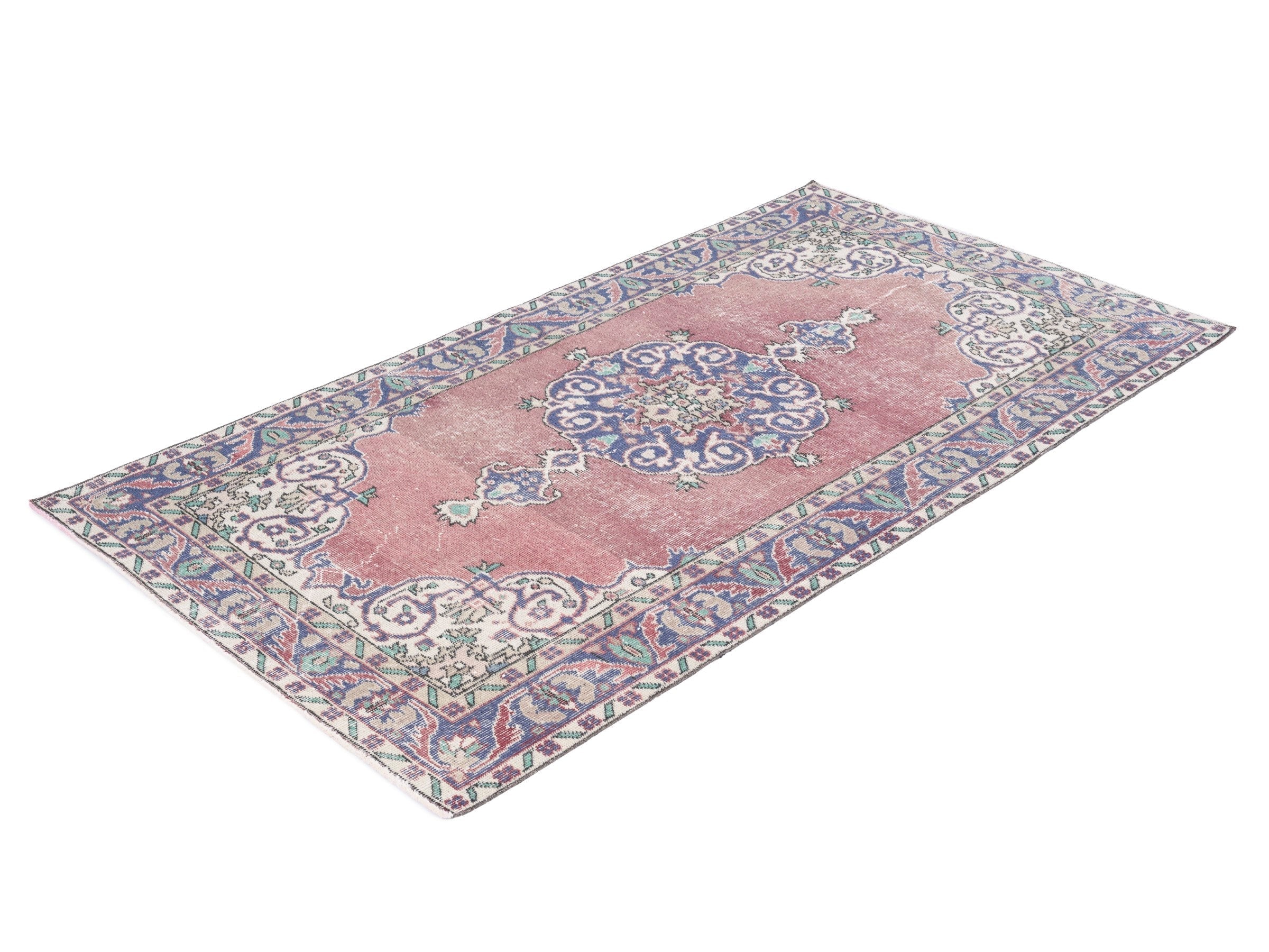 Turkish Isparta area rug in dusty rose and denim, view 3 of 10