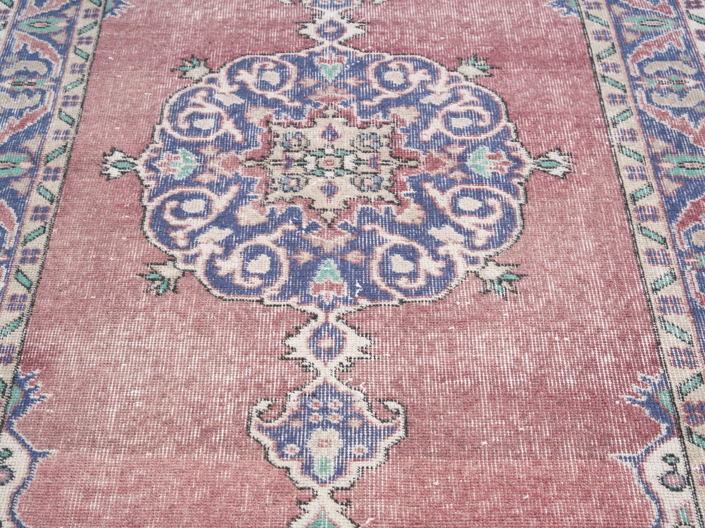 Turkish Isparta area rug in dusty rose and denim, view 4 of 10