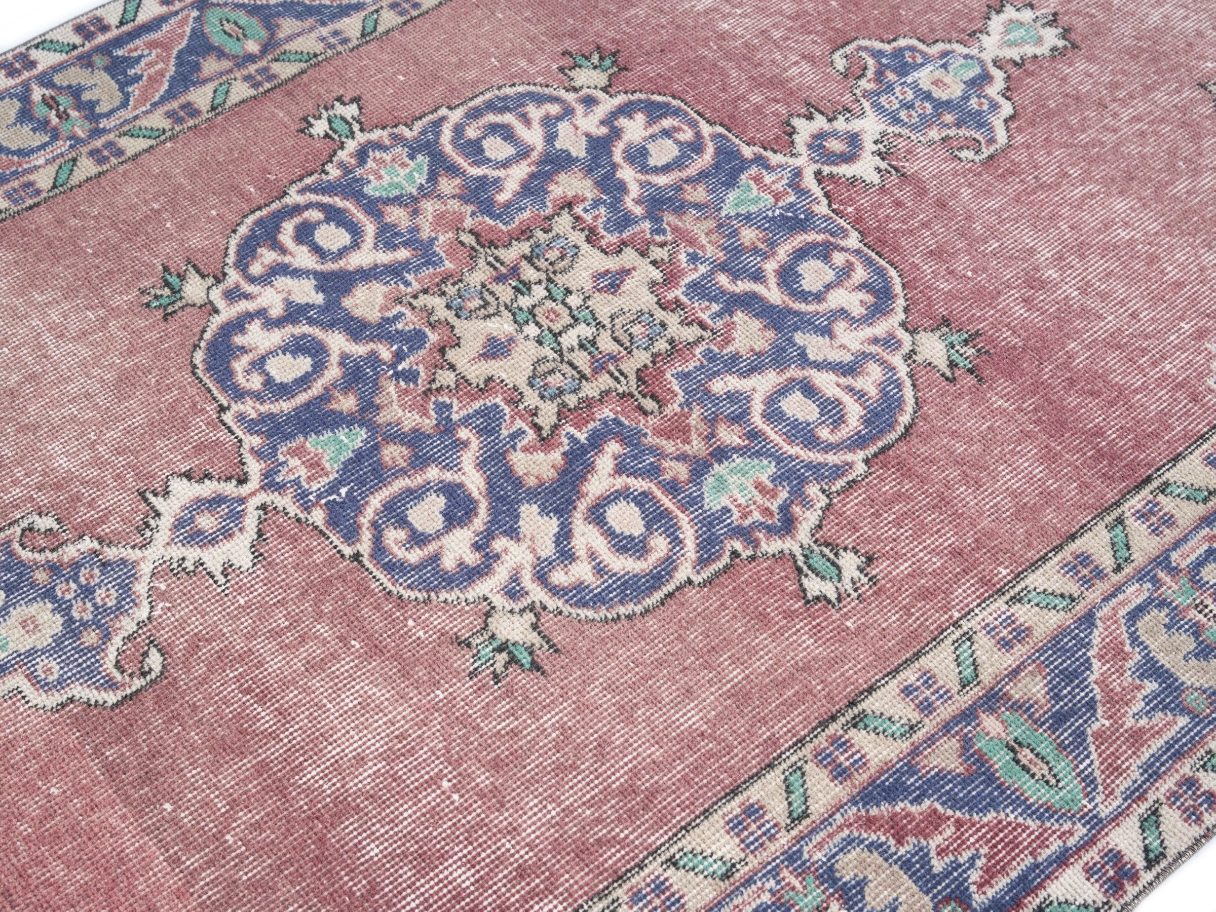 Turkish Isparta area rug in dusty rose and denim, view 5 of 10