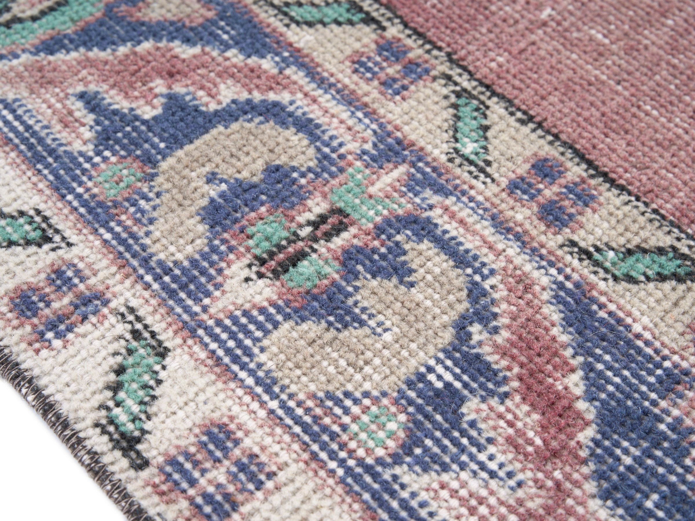 Turkish Isparta area rug in dusty rose and denim, view 6 of 10