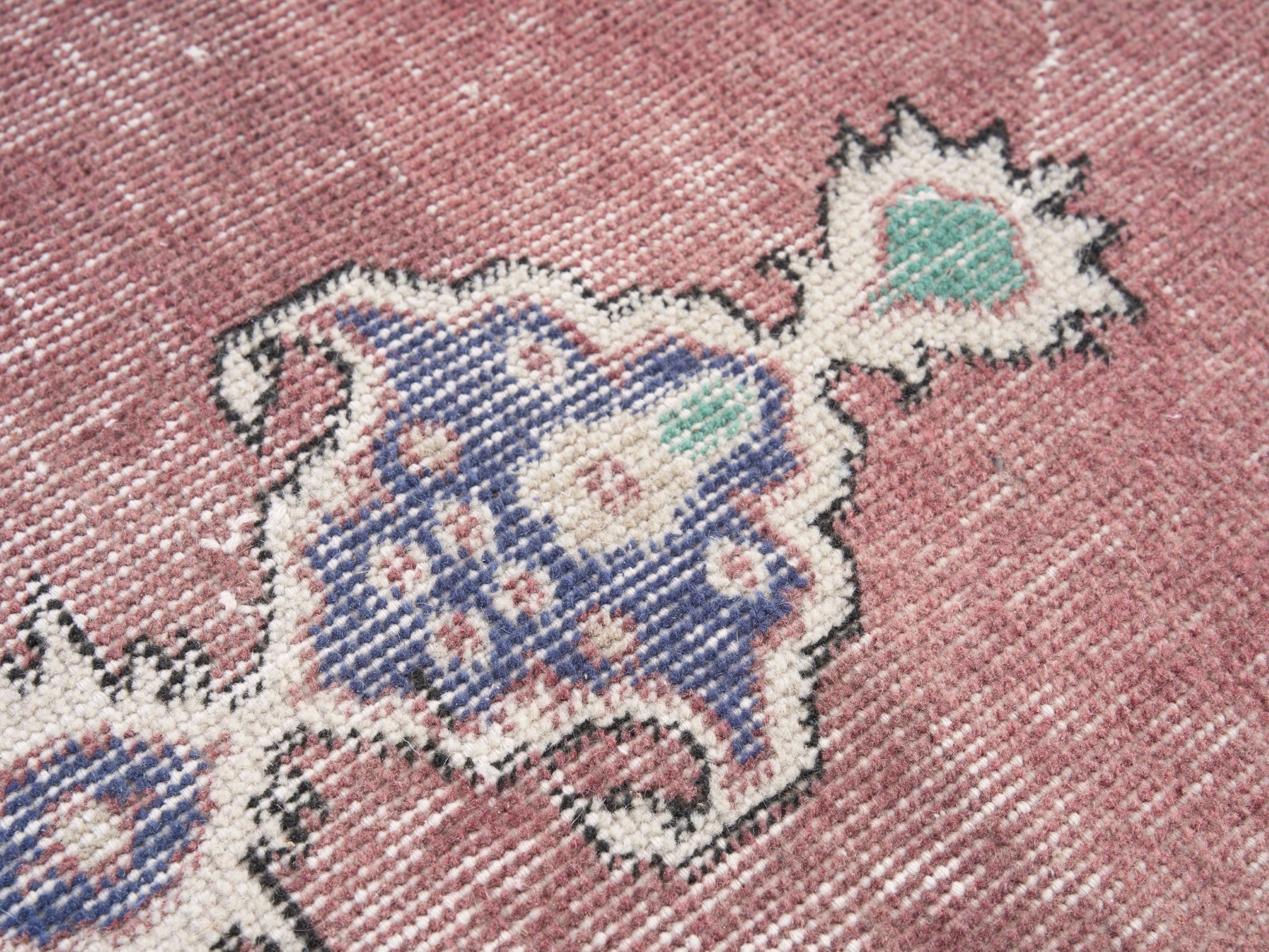 Turkish Isparta area rug in dusty rose and denim, view 7 of 10