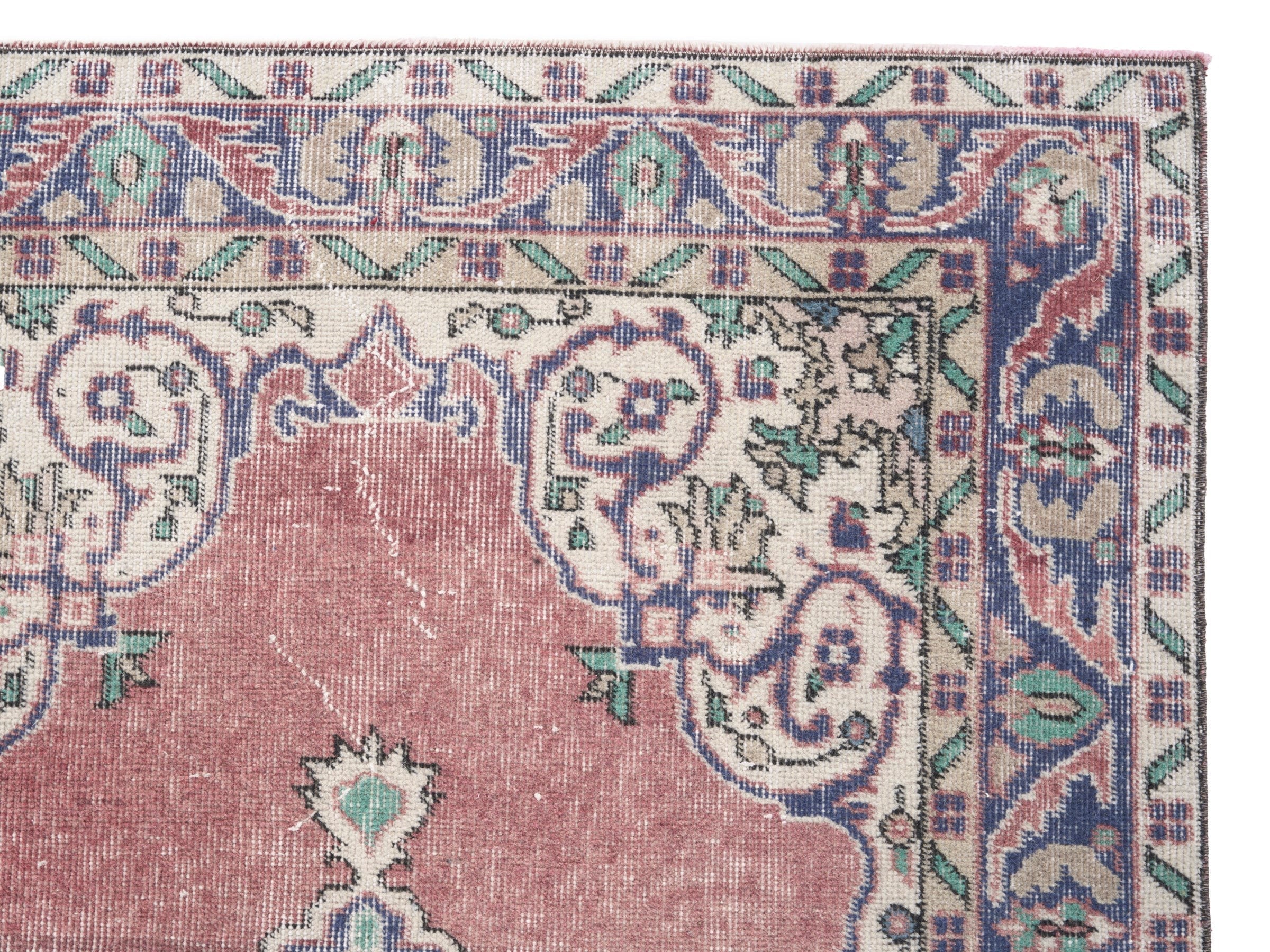 Turkish Isparta area rug in dusty rose and denim, view 8 of 10