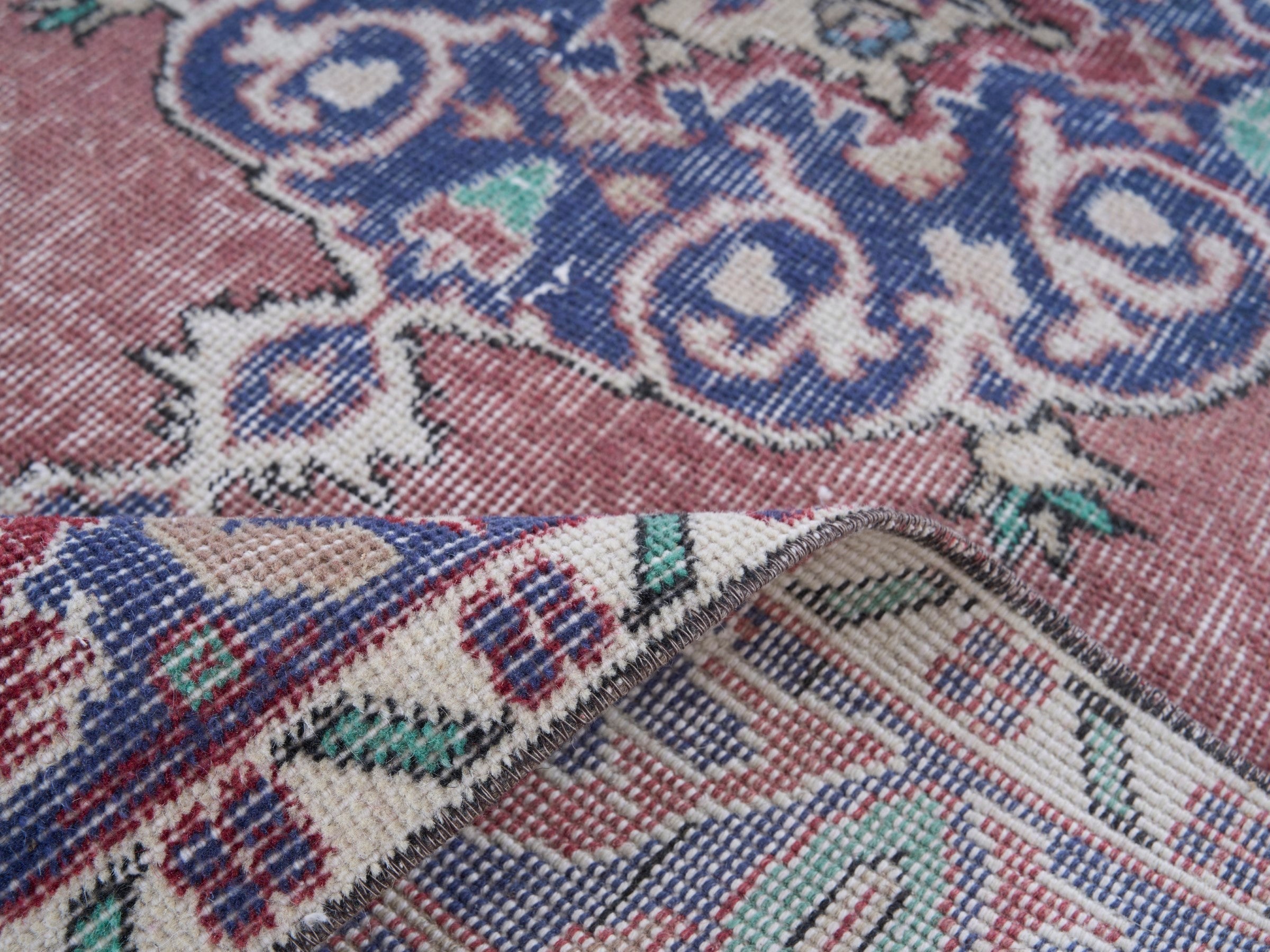 Turkish Isparta area rug in dusty rose and denim, view 9 of 10