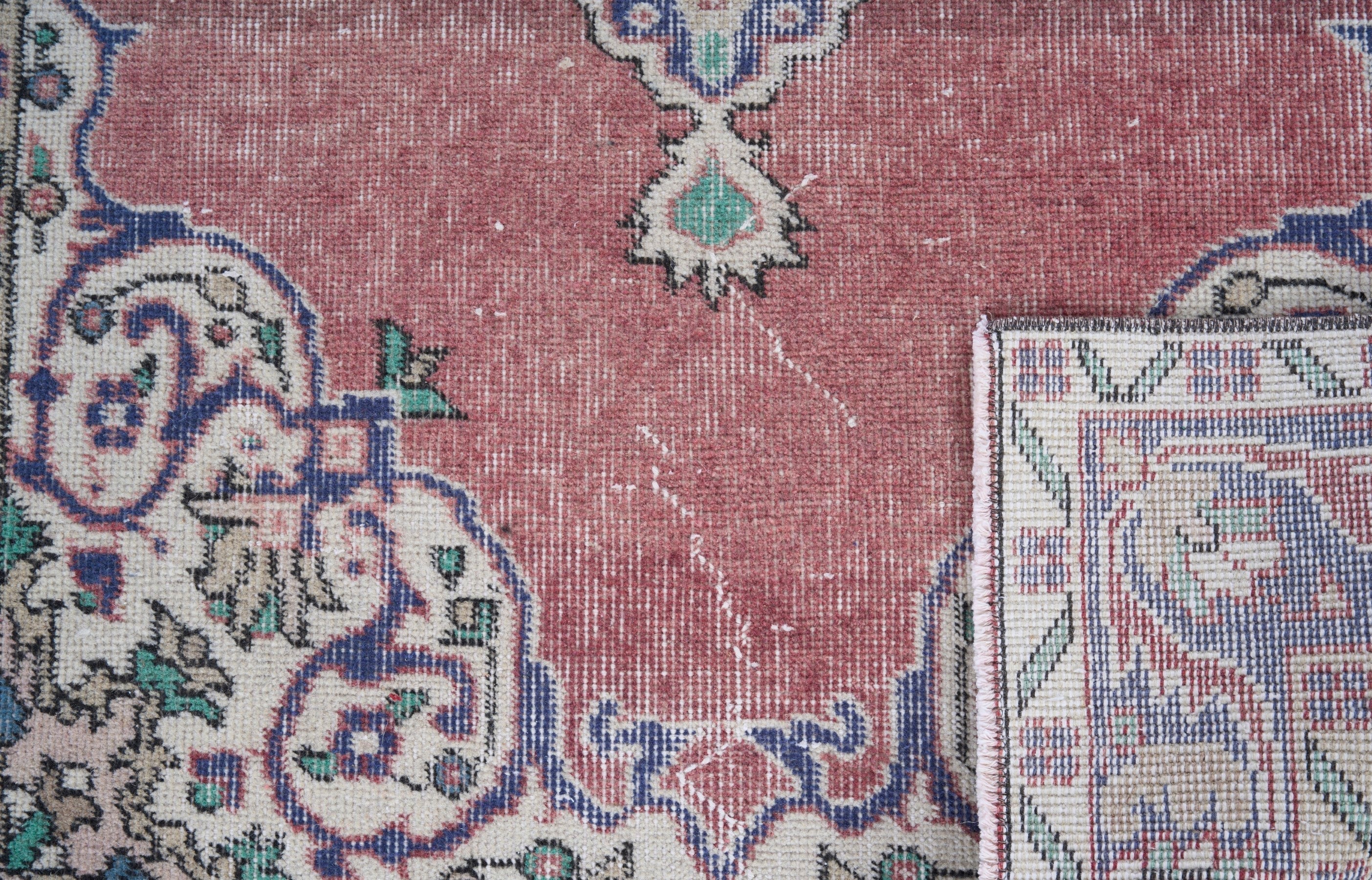 Turkish Isparta area rug in dusty rose and denim, view 10 of 10