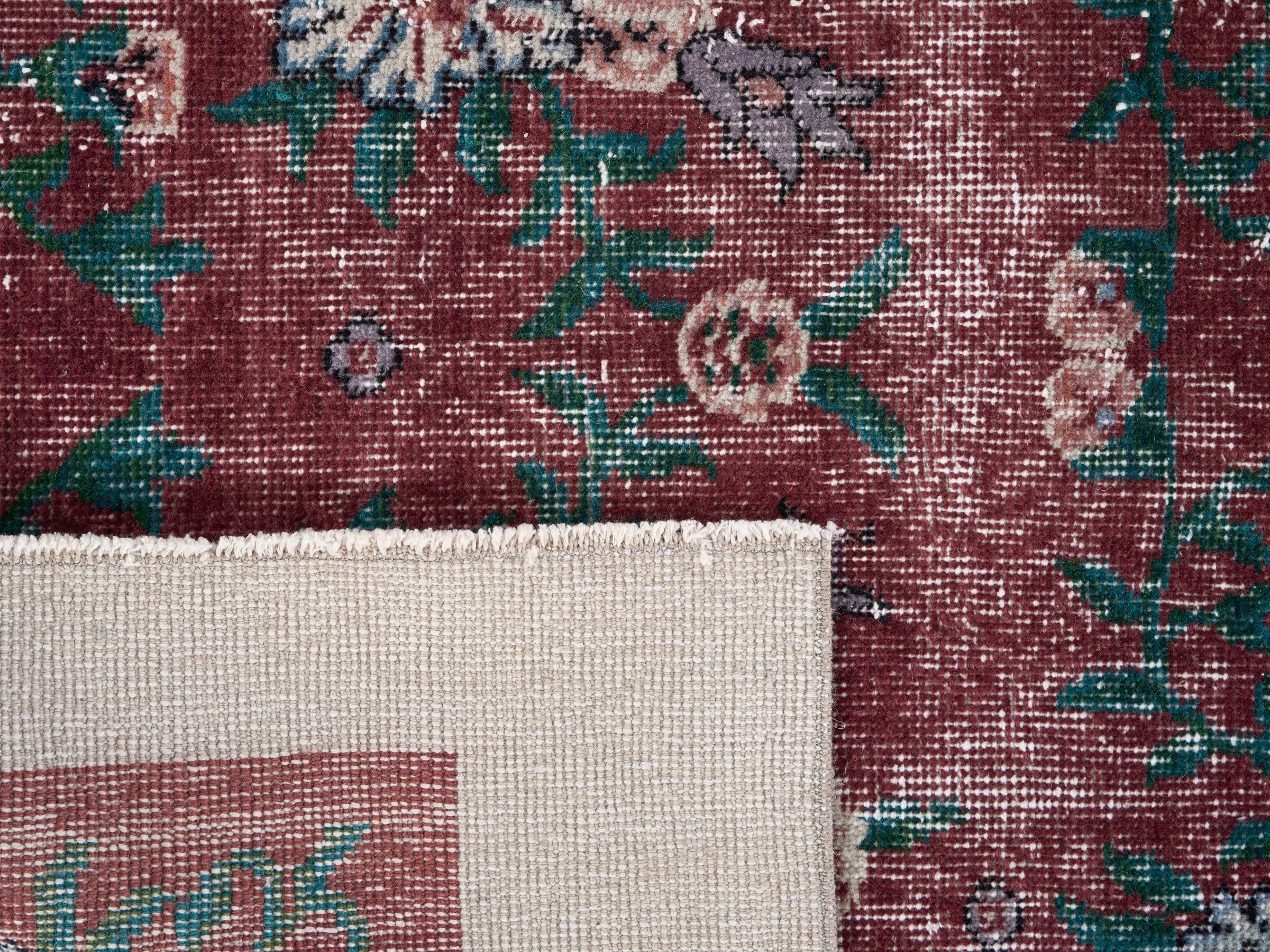 Turkish Isparta accent rug in burgundy and off-white, view 10 of 10