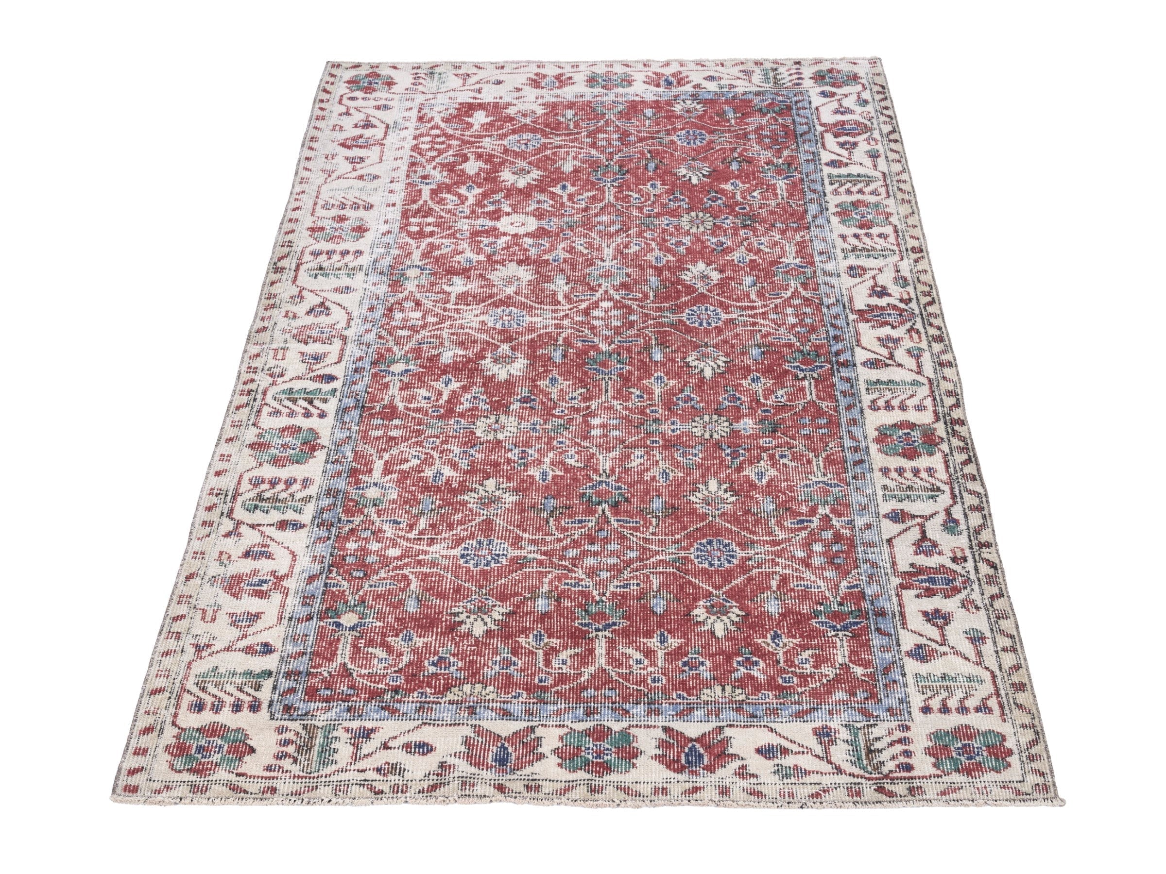 Turkish Isparta area rug in faded red and cream, view 2 of 10