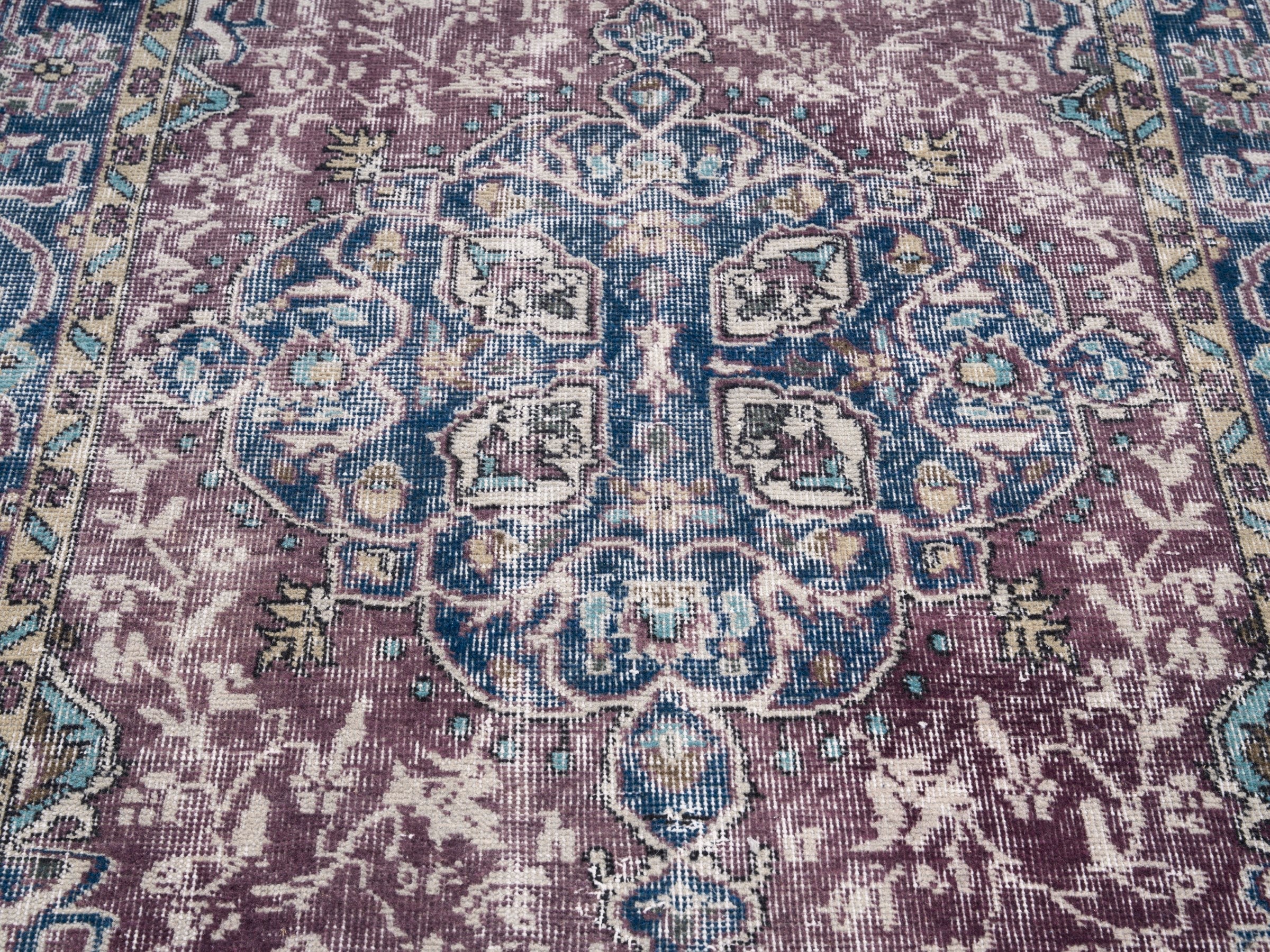 Turkish Isparta area rug in dusty rose and navy, view 4 of 10