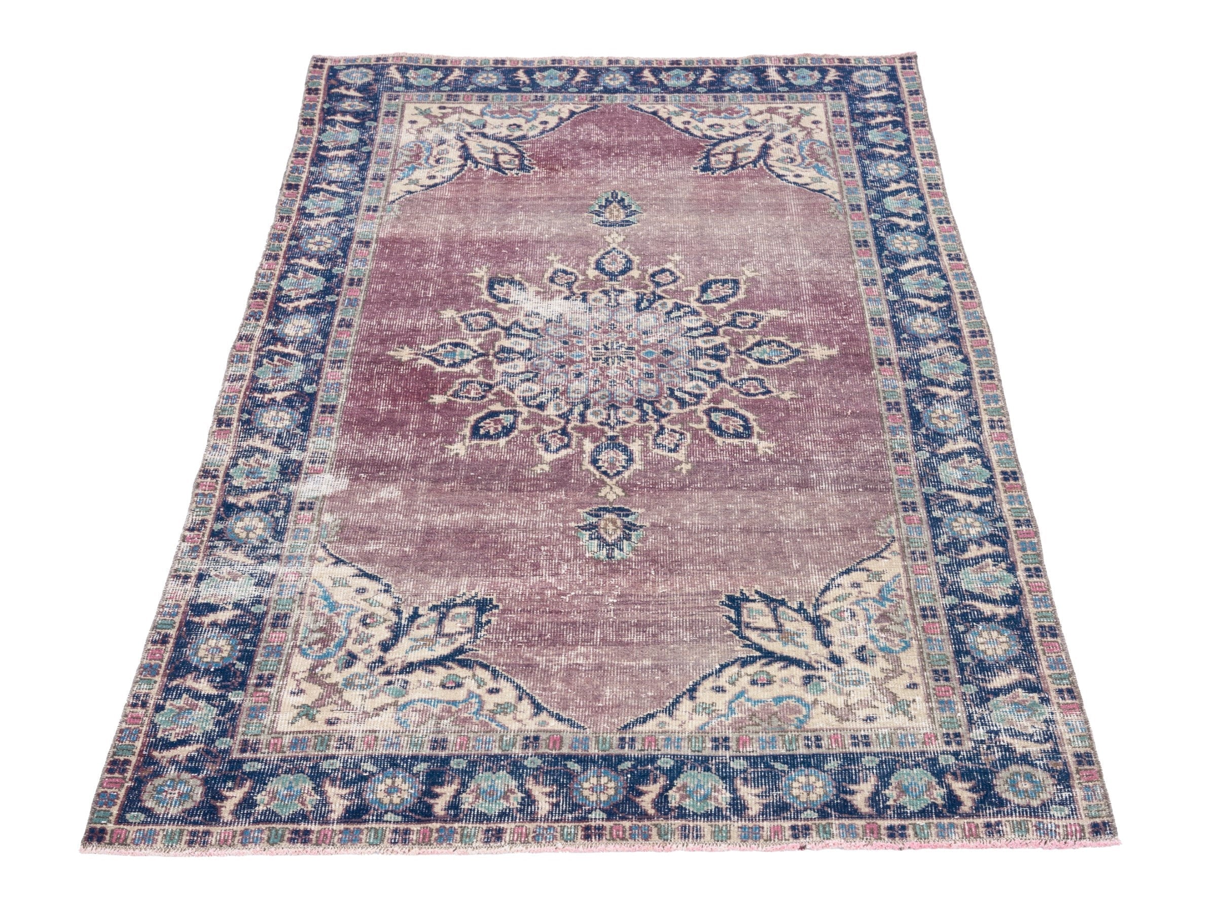 Turkish Isparta area rug in dusty rose and navy, view 2 of 10