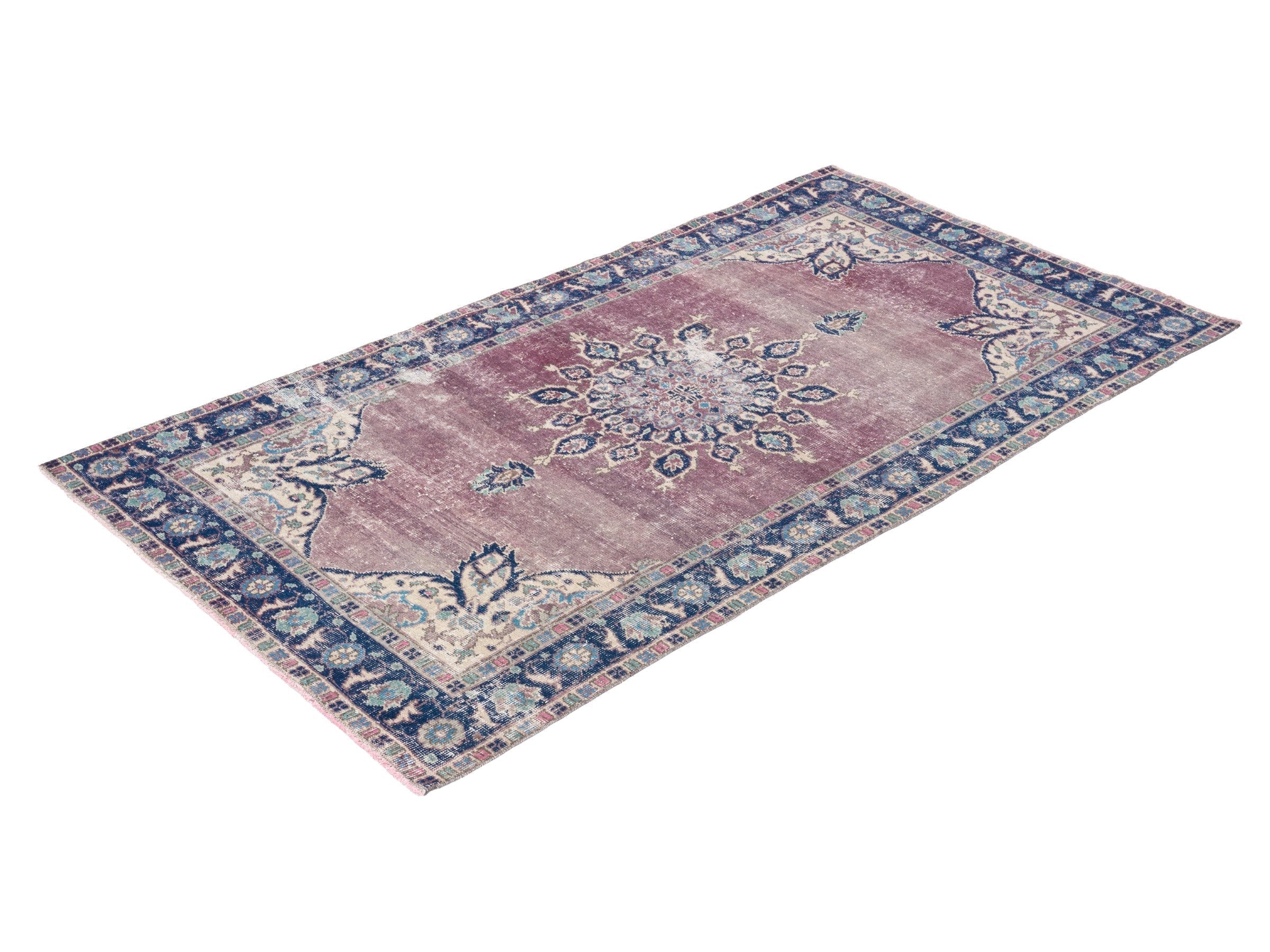 Turkish Isparta area rug in dusty rose and navy, view 3 of 10