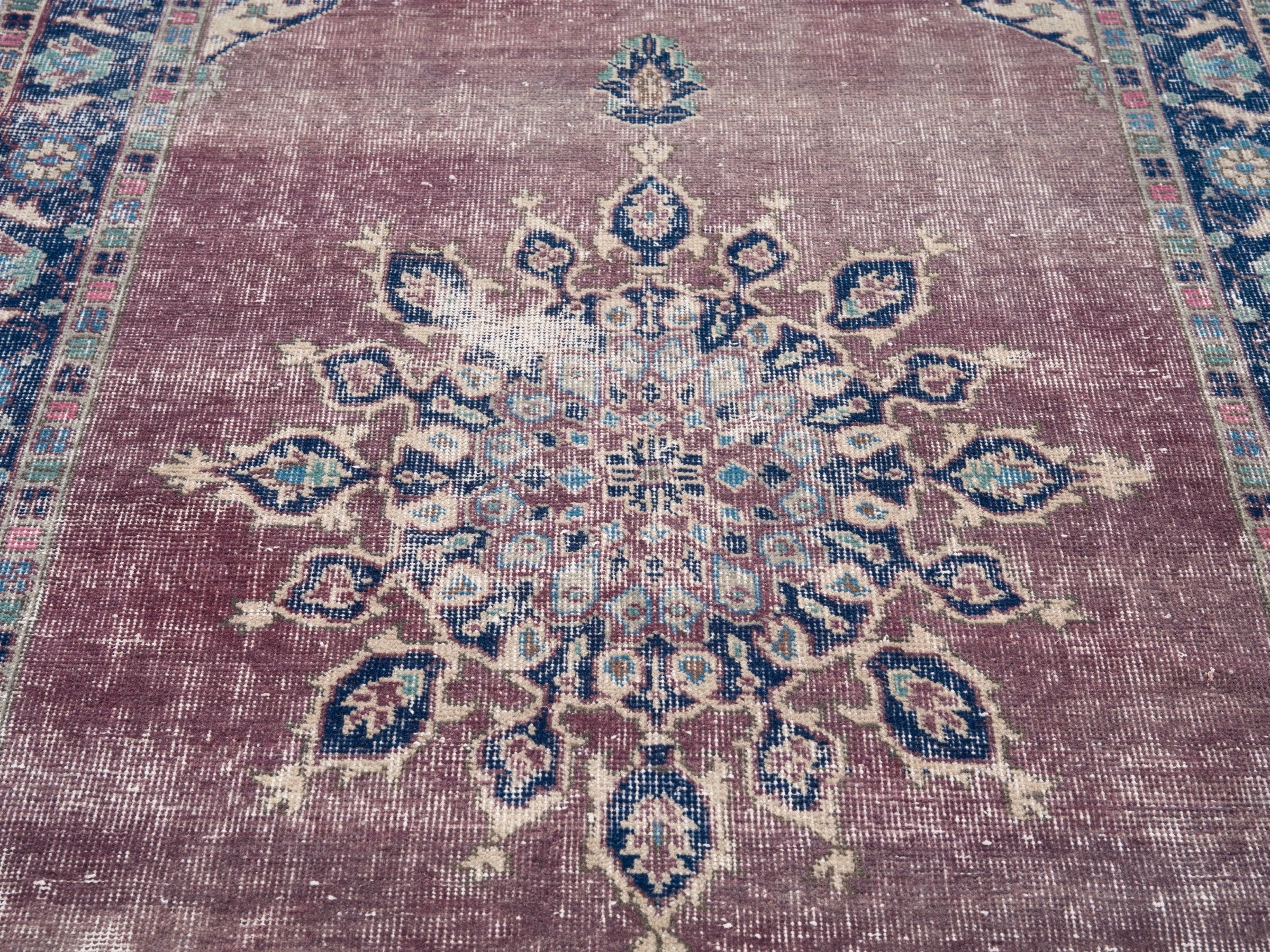Turkish Isparta area rug in dusty rose and navy, view 4 of 10