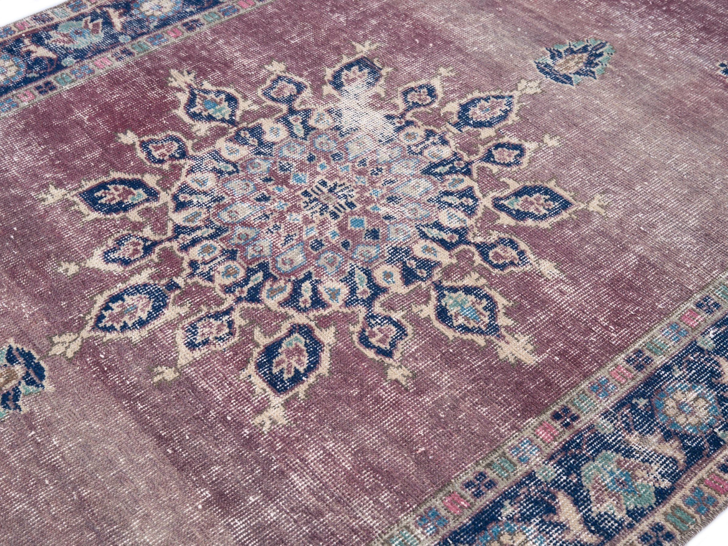 Turkish Isparta area rug in dusty rose and navy, view 5 of 10