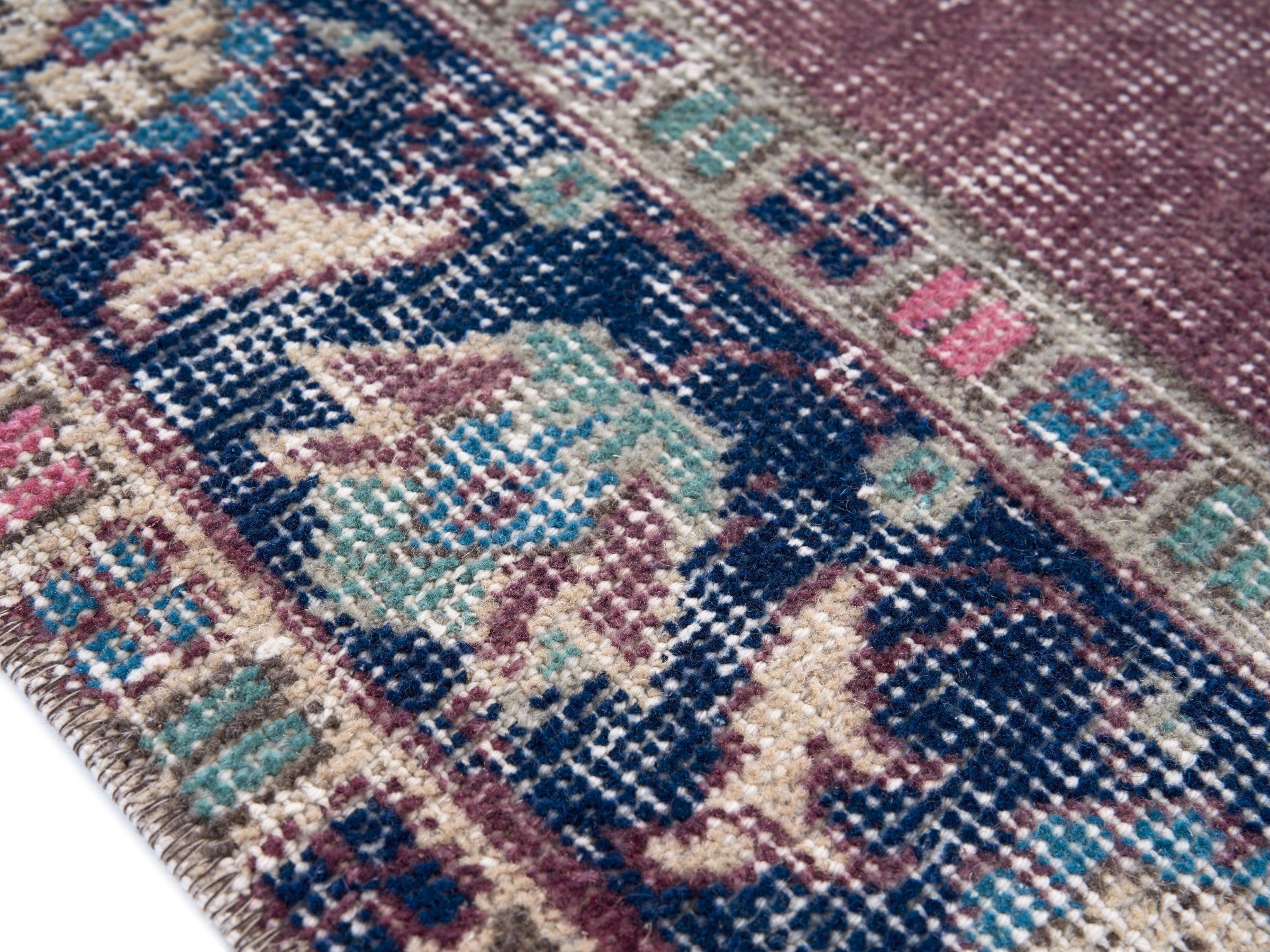Turkish Isparta area rug in dusty rose and navy, view 6 of 10