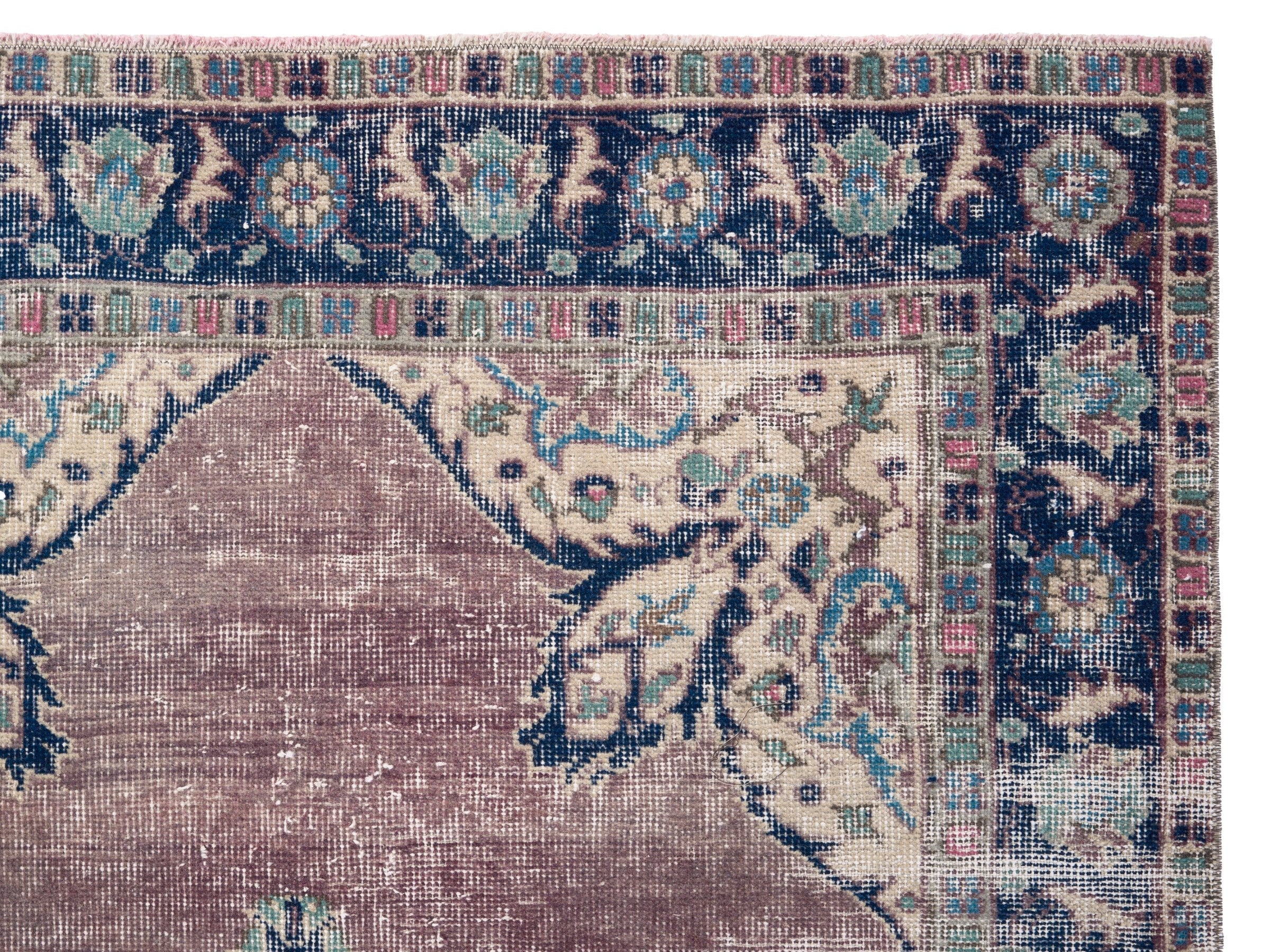 Turkish Isparta area rug in dusty rose and navy, view 8 of 10