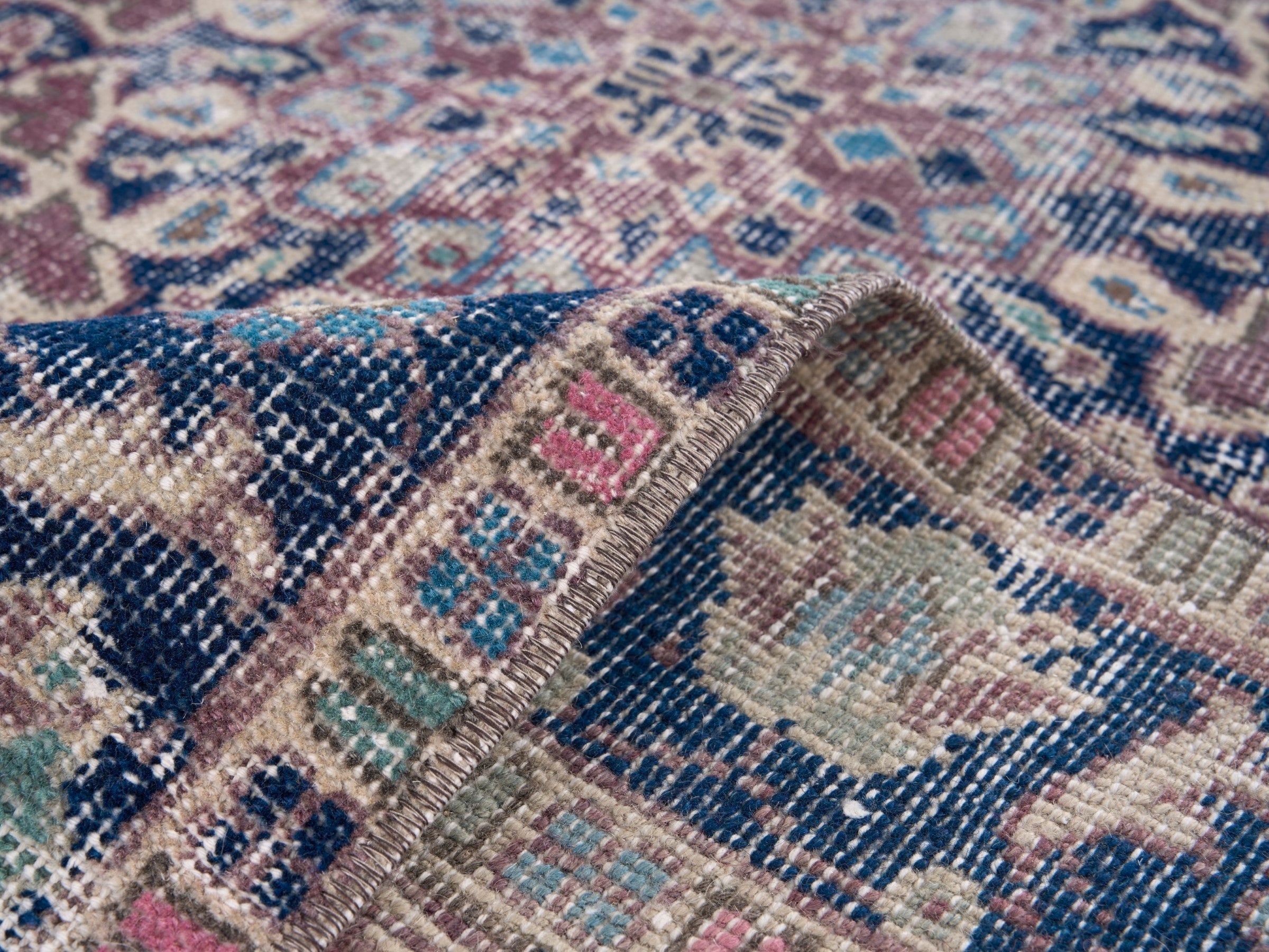 Turkish Isparta area rug in dusty rose and navy, view 9 of 10