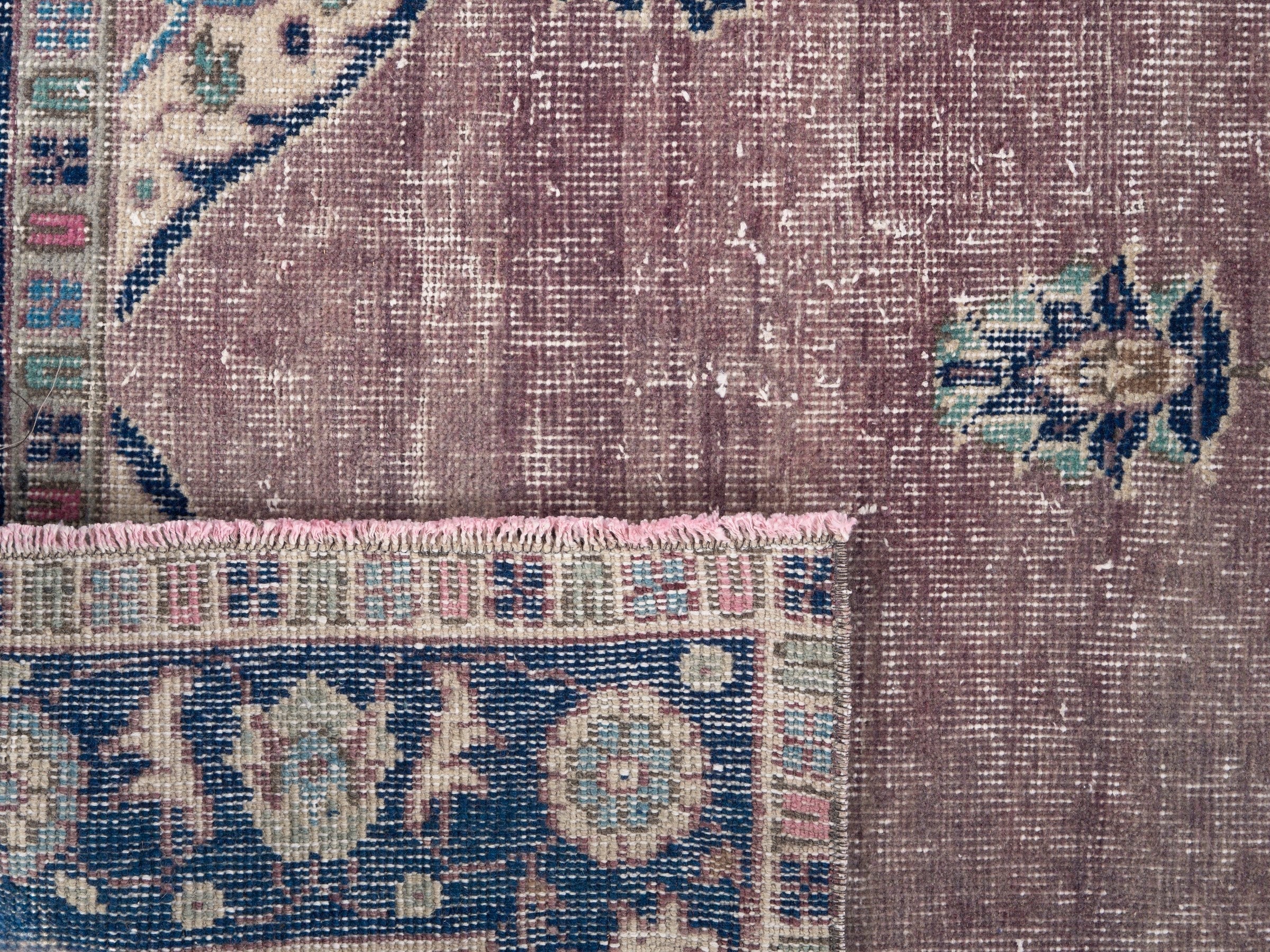 Turkish Isparta area rug in dusty rose and navy, view 10 of 10