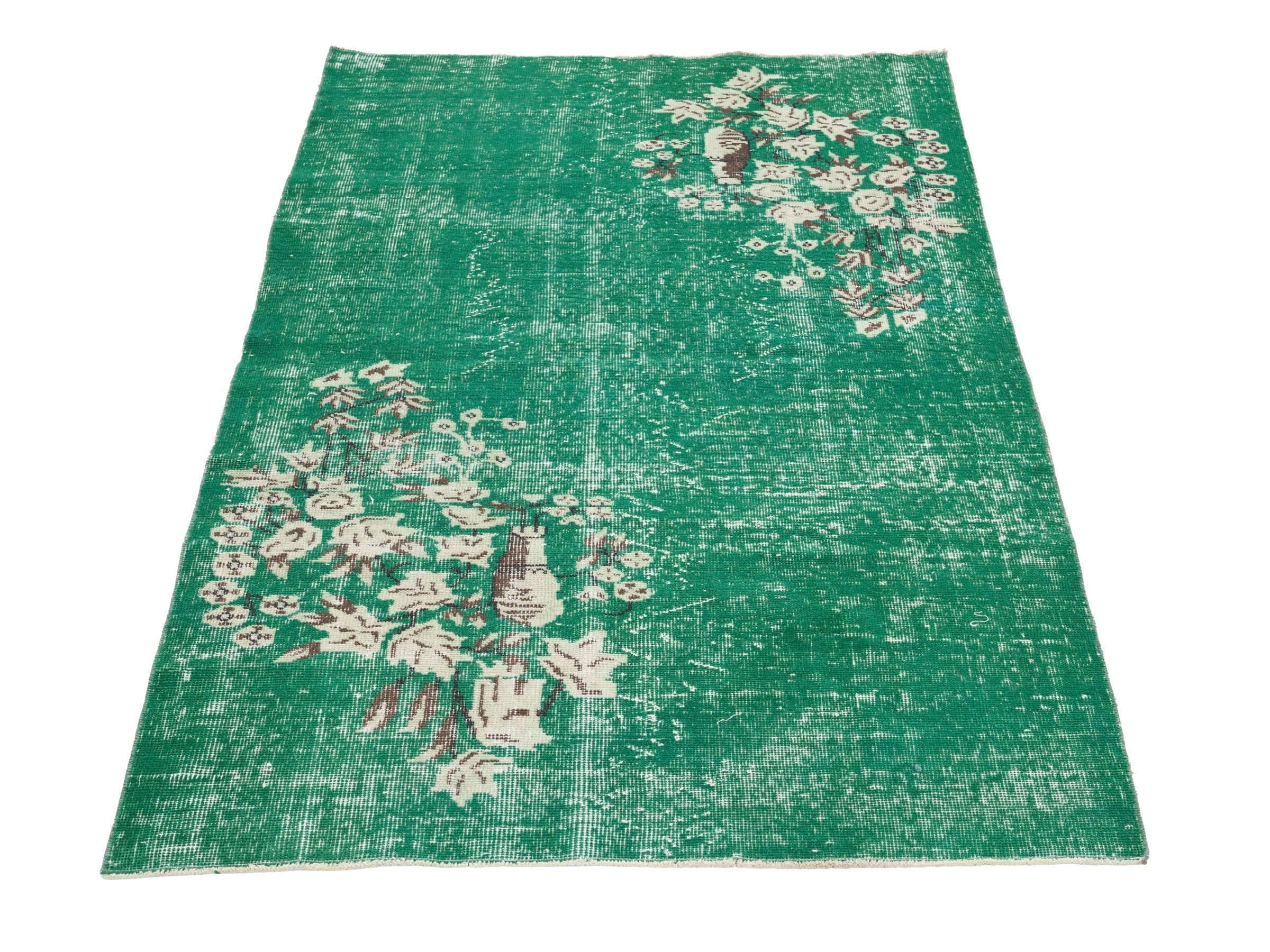 Turkish Isparta area rug in emerald and off-white, view 2 of 10