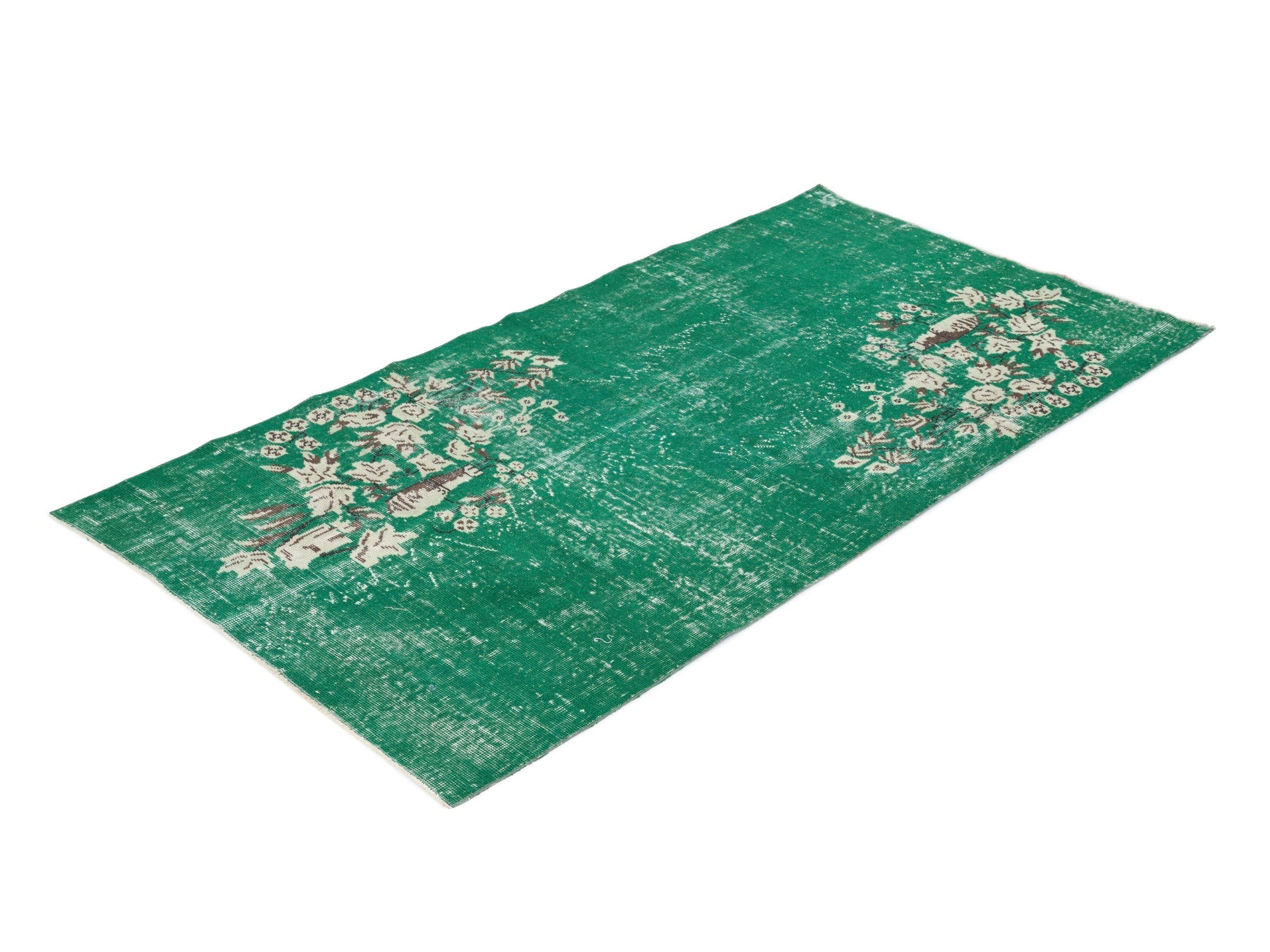 Turkish Isparta area rug in emerald and off-white, view 3 of 10