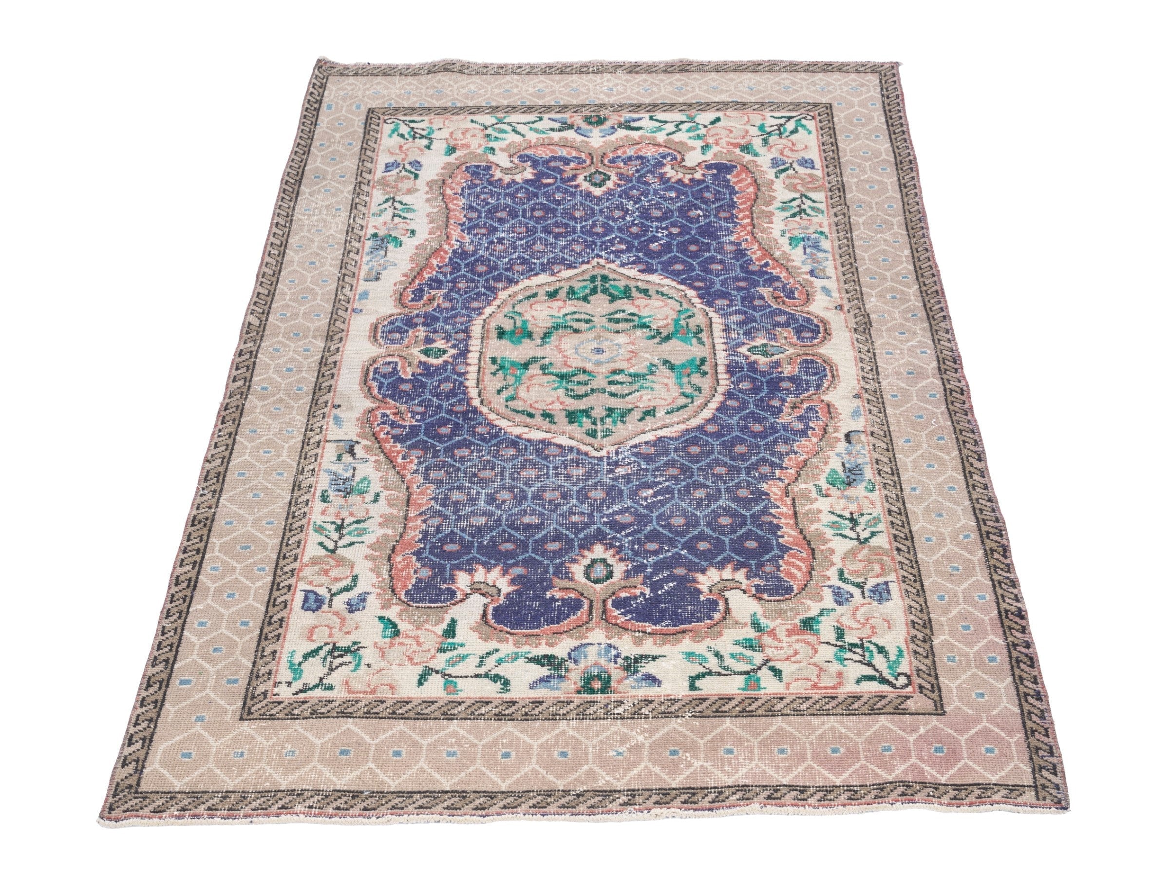Turkish Isparta area rug in deep indigo and cream, view 2 of 10