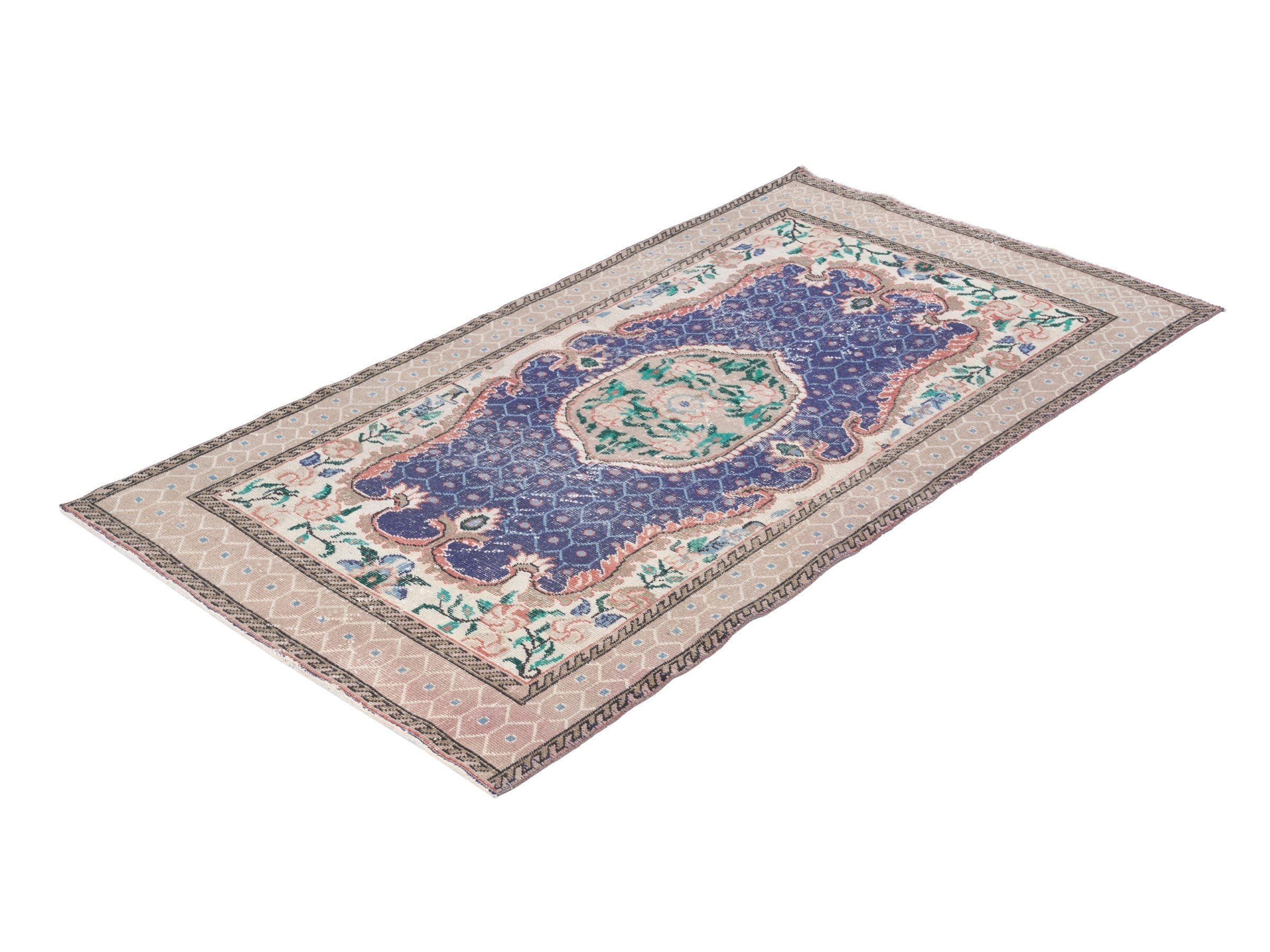 Turkish Isparta area rug in deep indigo and cream, view 3 of 10