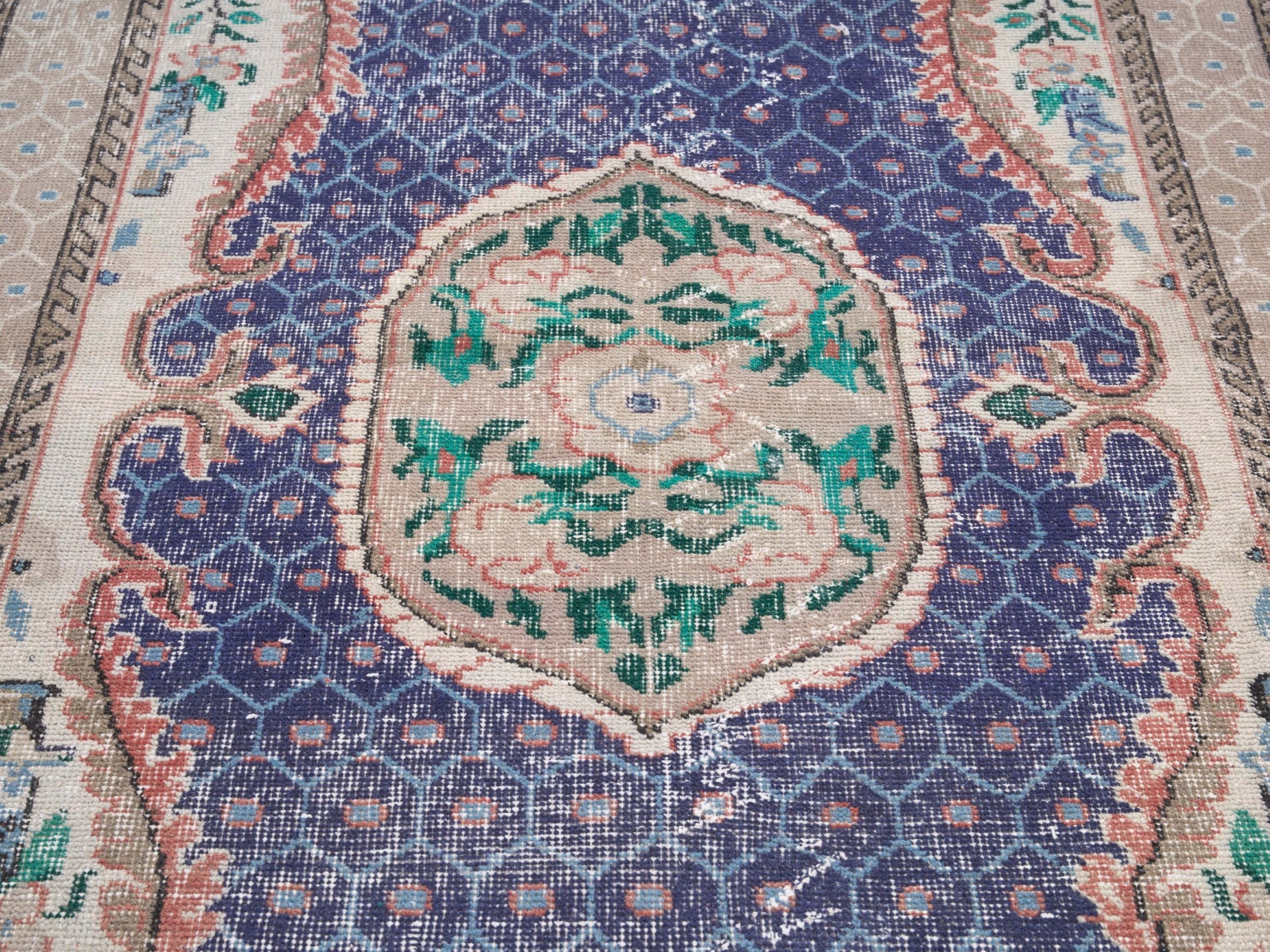 Turkish Isparta area rug in deep indigo and cream, view 4 of 10