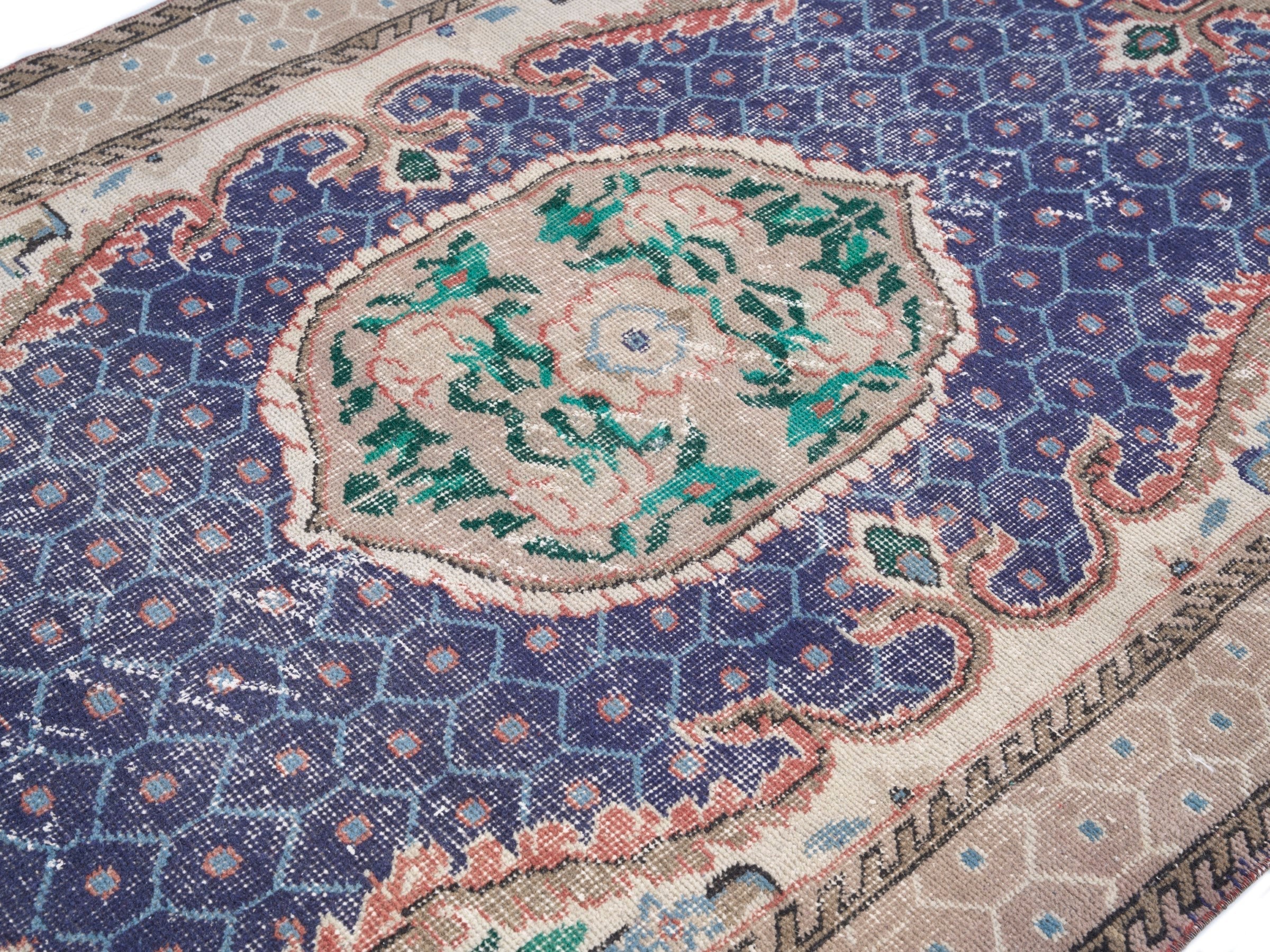 Turkish Isparta area rug in deep indigo and cream, view 5 of 10