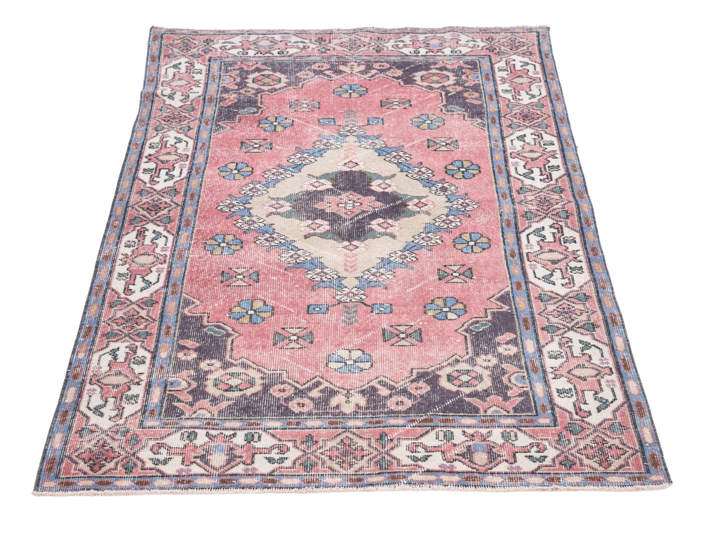 Turkish Isparta area rug in rose and navy, view 2 of 10