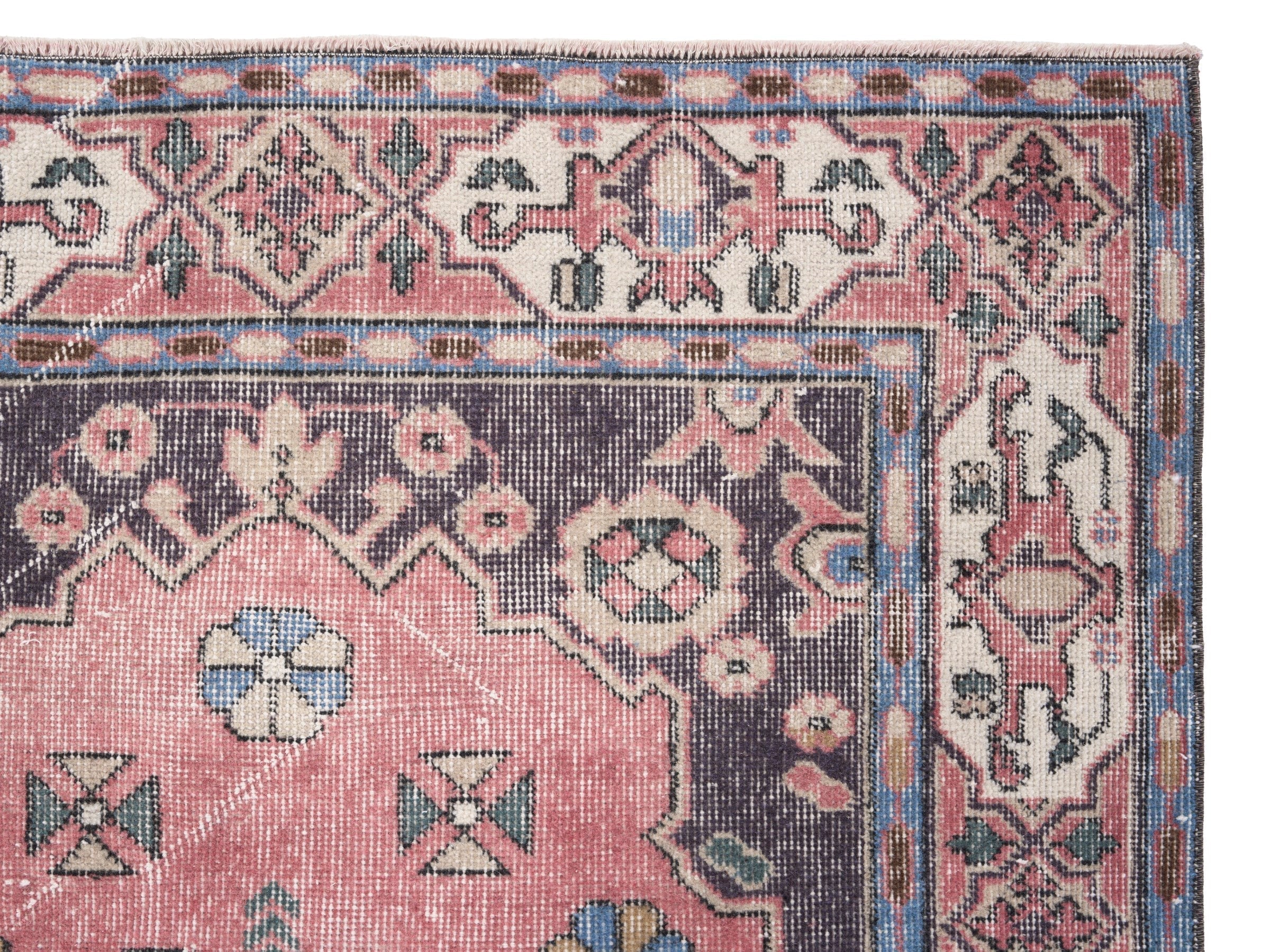 Turkish Isparta area rug in rose and navy, view 8 of 10