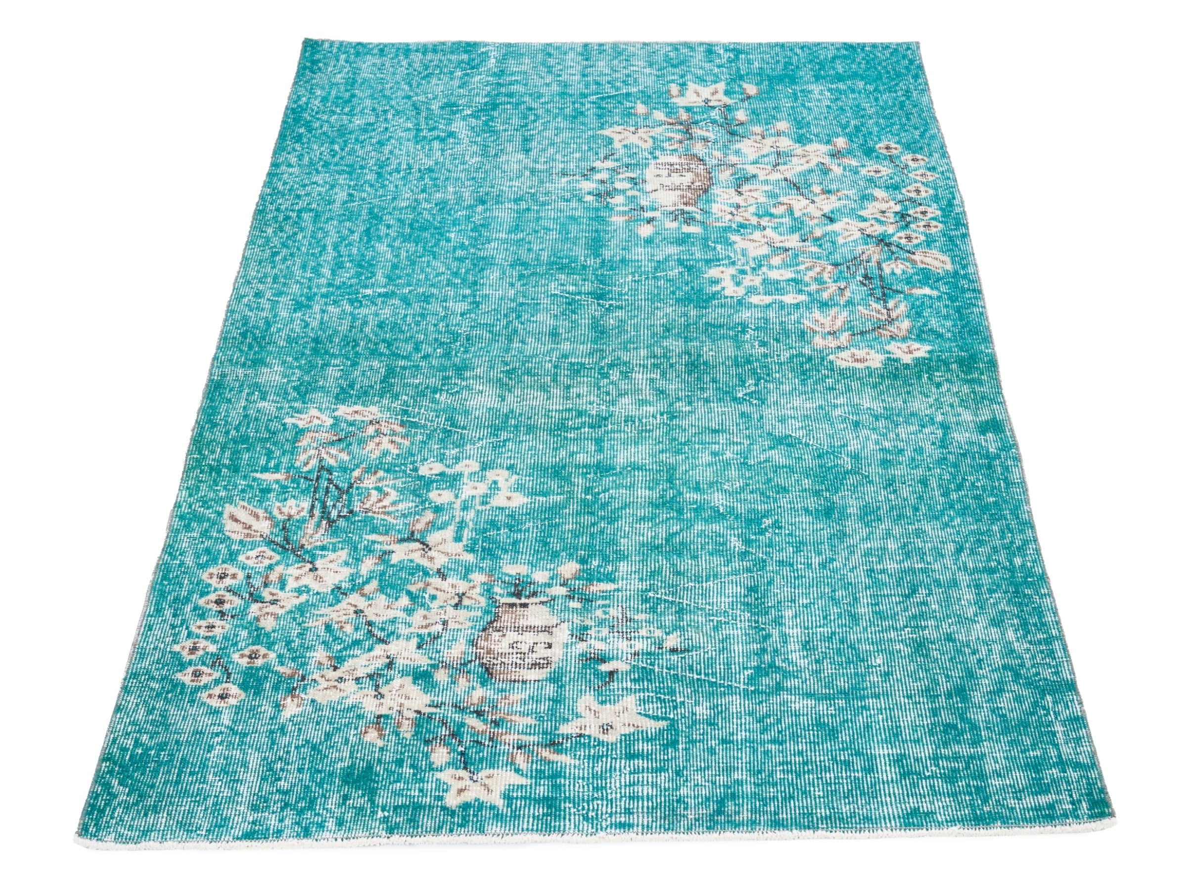 Turkish Isparta area rug in turquoise and off-white, view 2 of 10