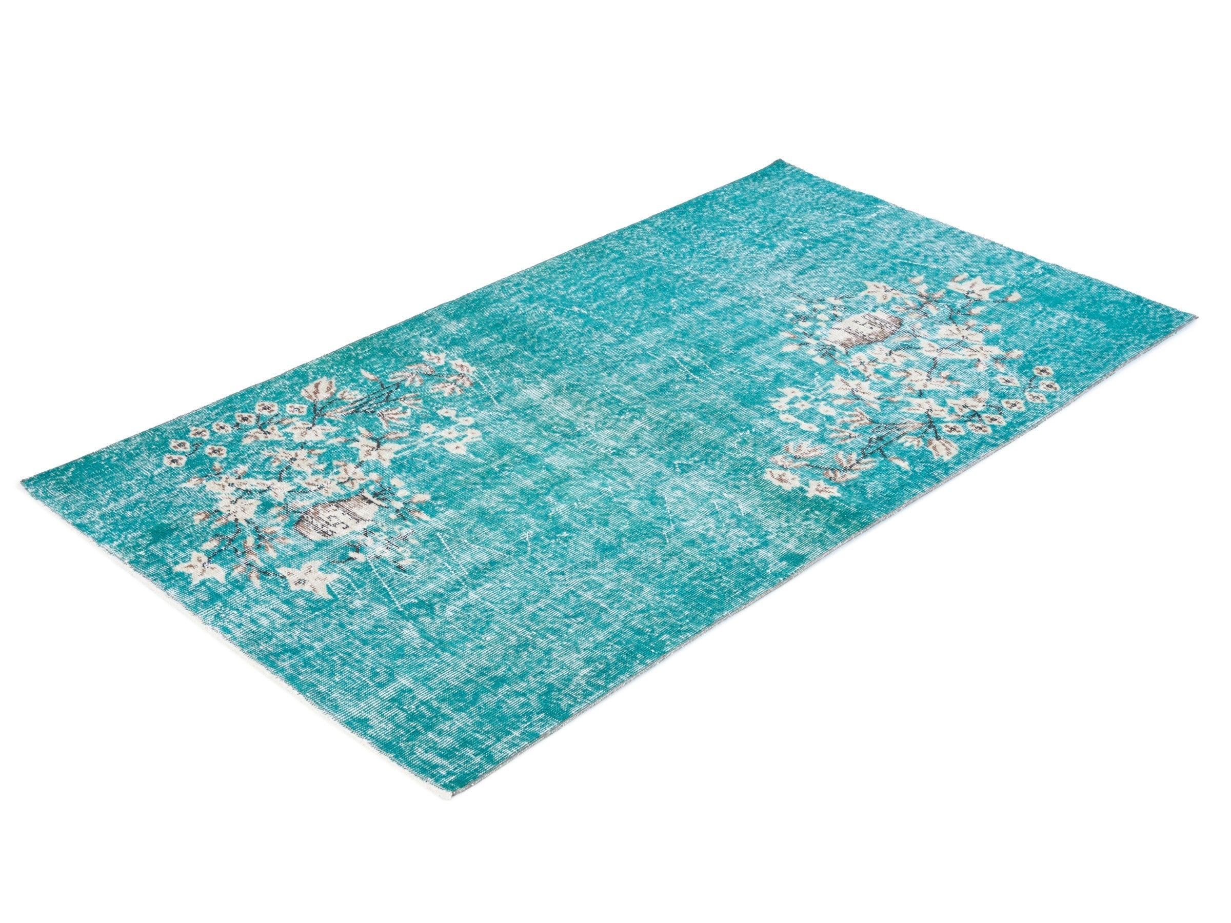 Turkish Isparta area rug in turquoise and off-white, view 3 of 10
