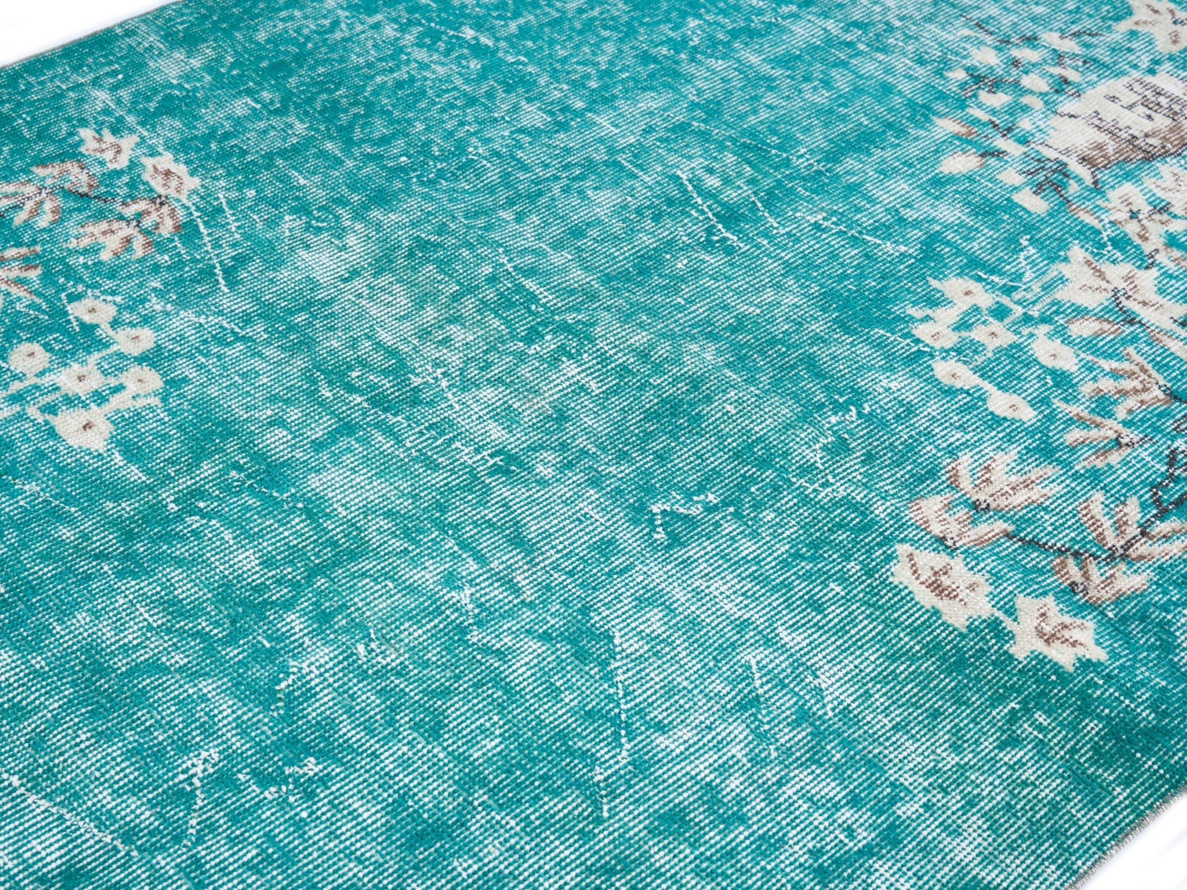 Turkish Isparta area rug in turquoise and off-white, view 5 of 10