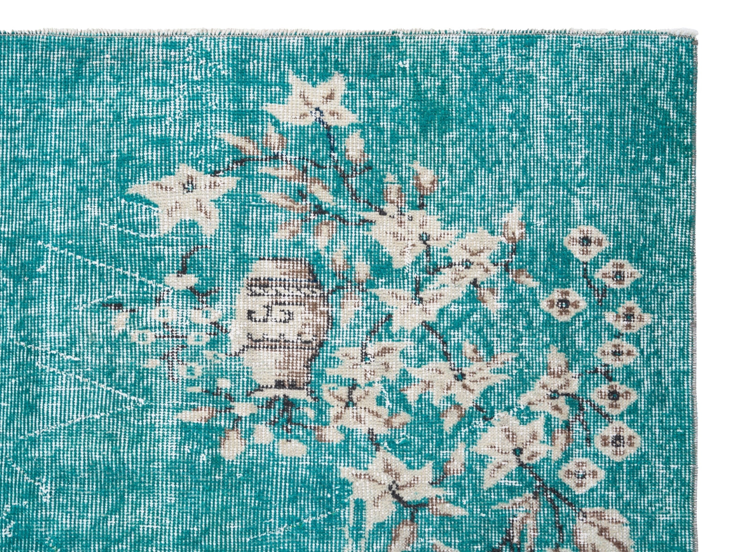 Turkish Isparta area rug in turquoise and off-white, view 8 of 10