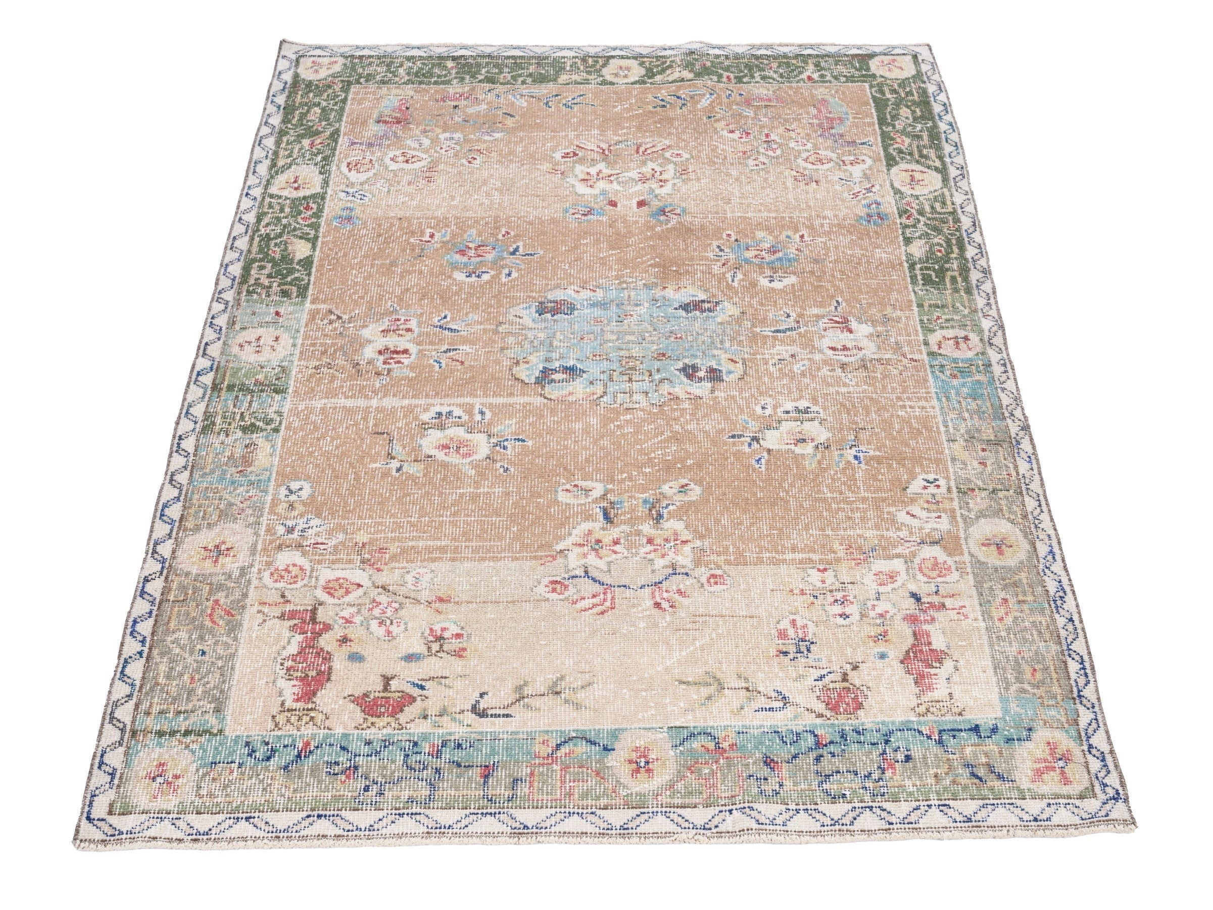 Turkish Isparta area rug in beige and sage, view 2 of 10