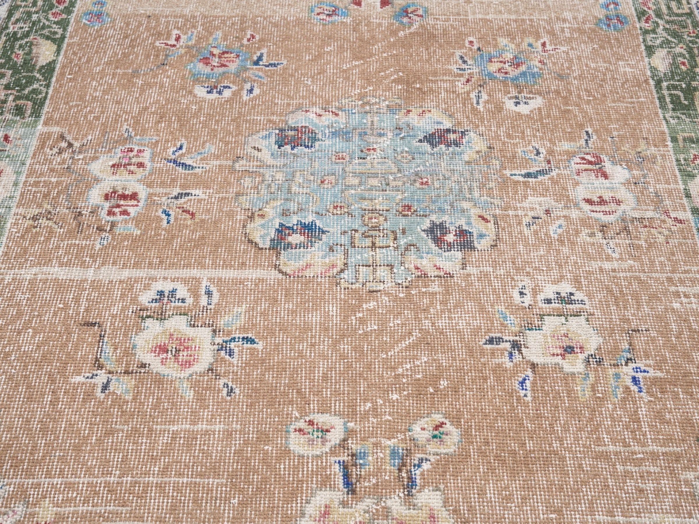 Turkish Isparta area rug in beige and sage, view 4 of 10
